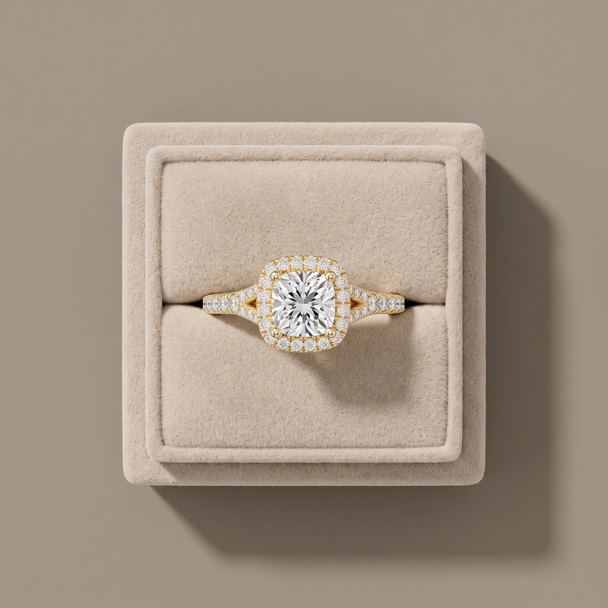 Yellow Gold Cushion Cut Moissanite Halo Engagement Ring