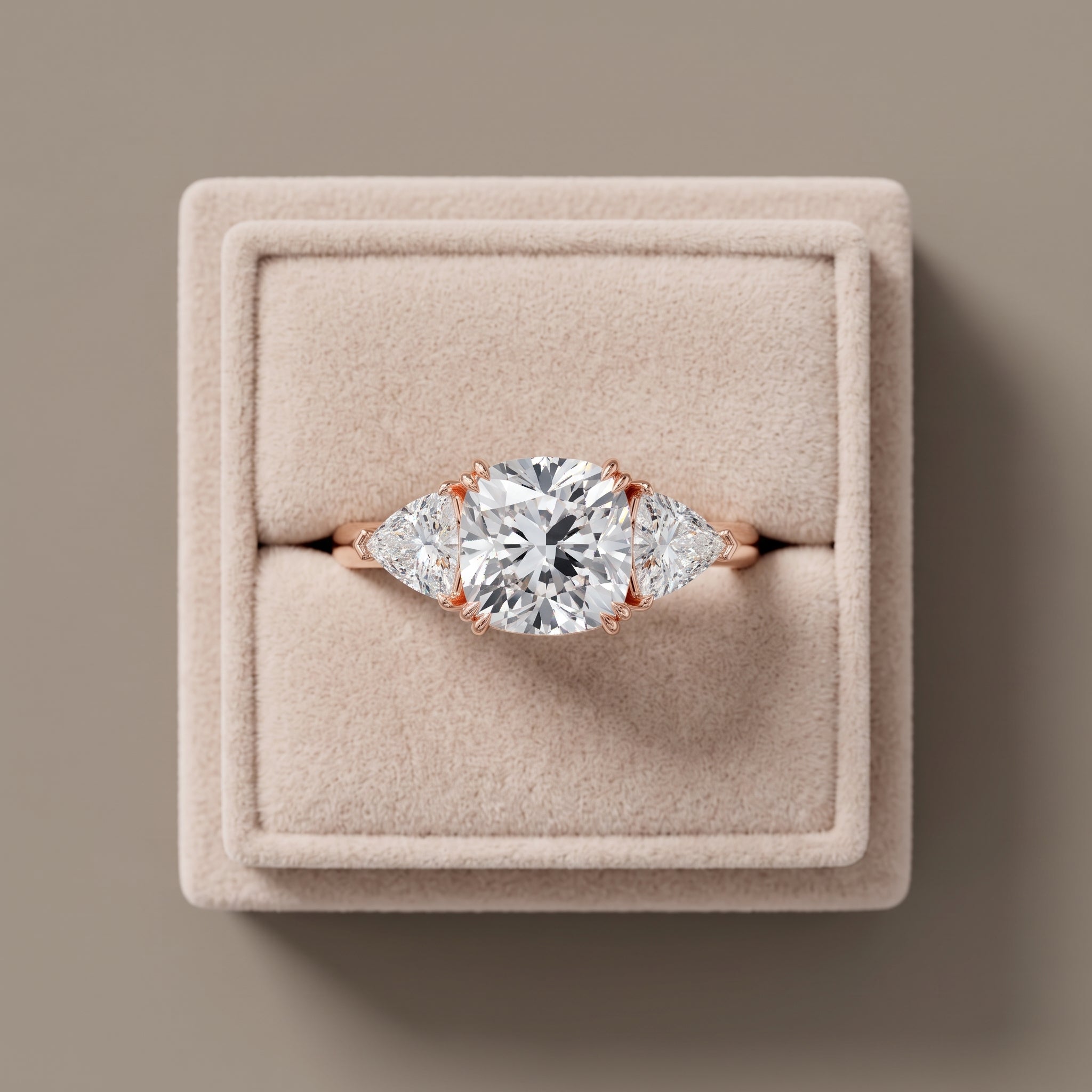 Rose Gold Cushion Cut Moissanite Three Stone Engagement Ring