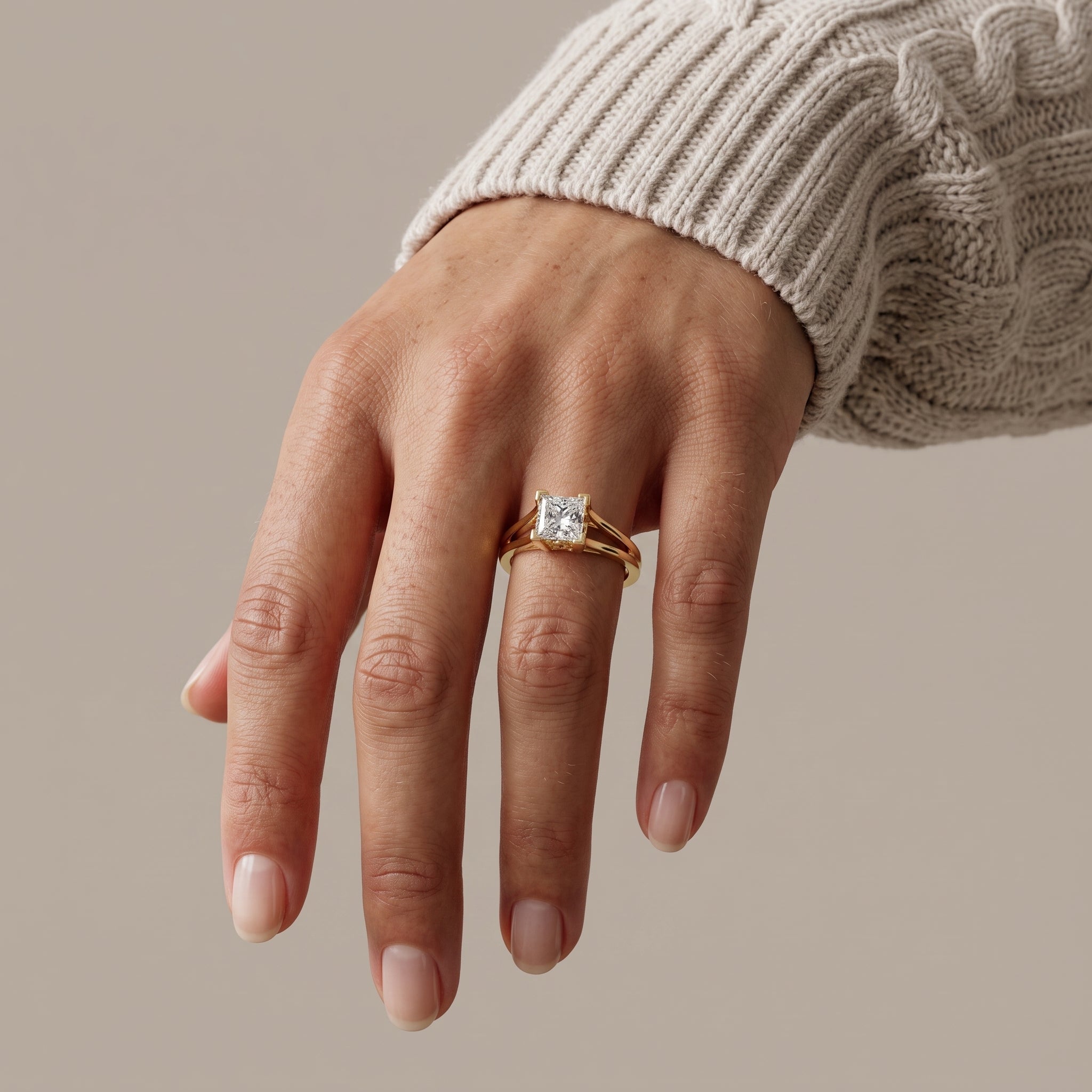 Yellow Gold Princess Cut Moissanite Split Shank Engagement Ring