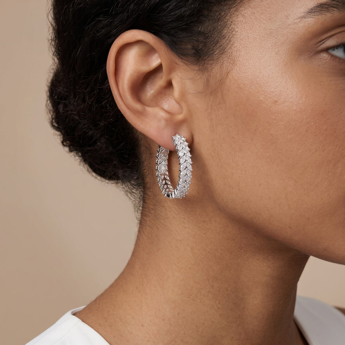 White Metal Marquise Cut Moissanite Hoop Earrings