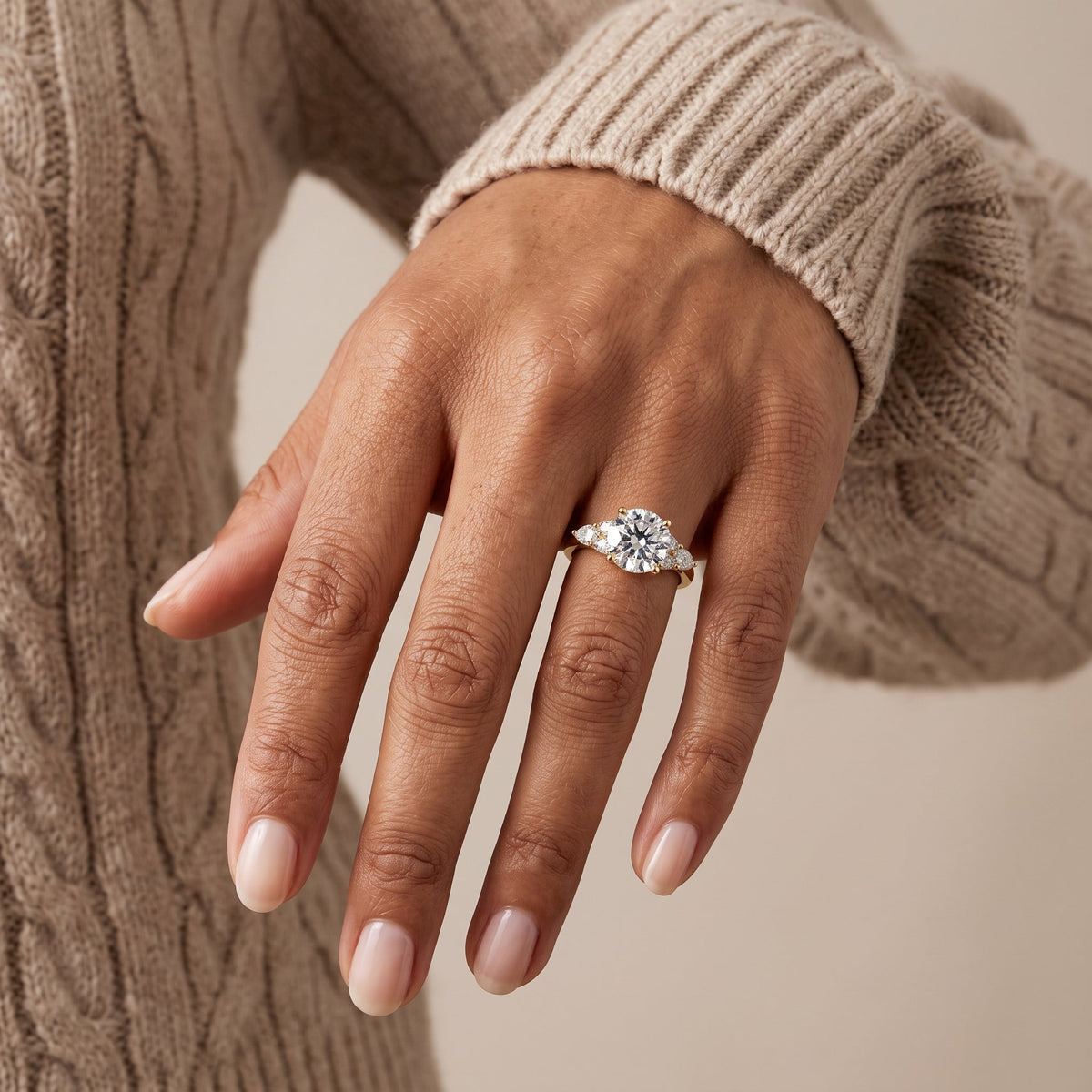 Yellow Gold Round Moissanite Engagement Ring with Side Stones