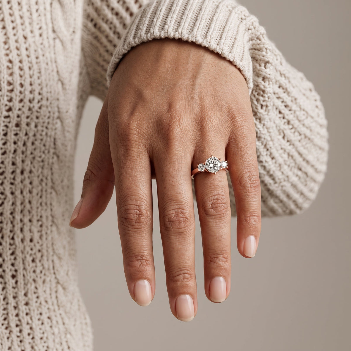 Rose Gold Round Moissanite Three Stone Engagement Ring