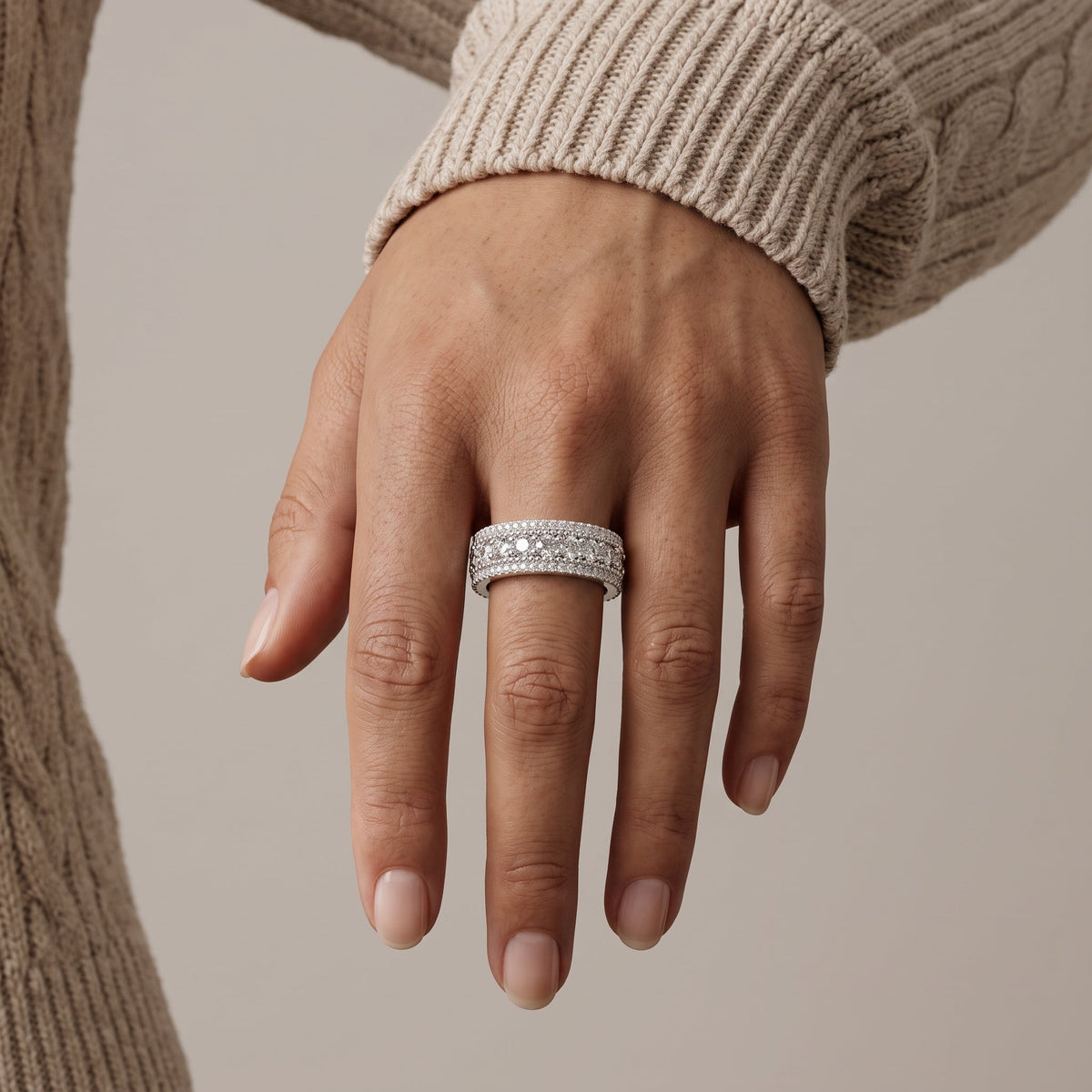 White Metal Round Moissanite Wide Band Ring