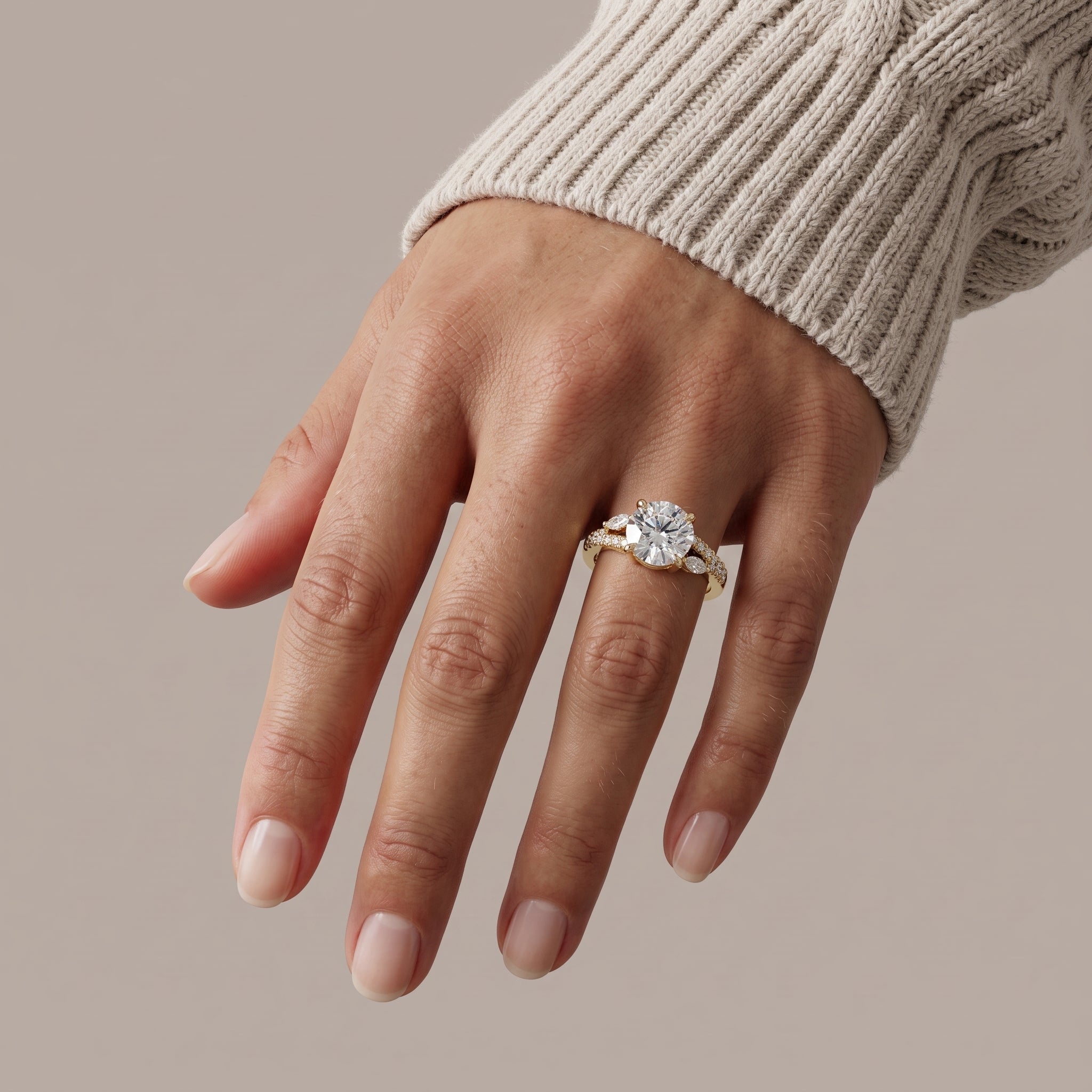 Yellow Gold Round Moissanite Engagement Ring with Leaf Accents