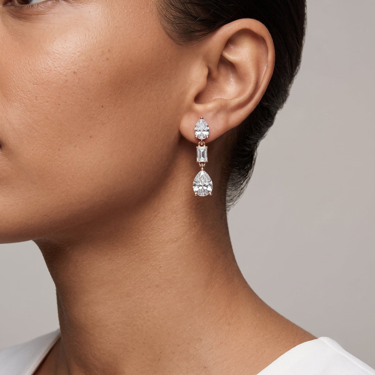 Rose Gold Pear & Emerald Cut Moissanite Drop Earrings