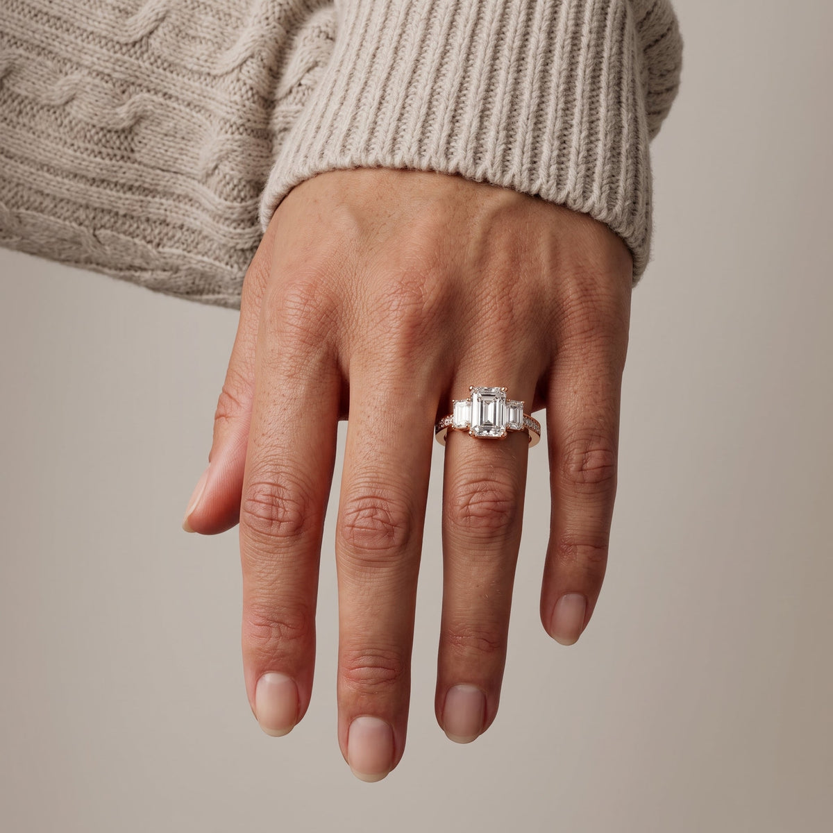 Rose Gold Emerald Cut Moissanite Three Stone Engagement Ring