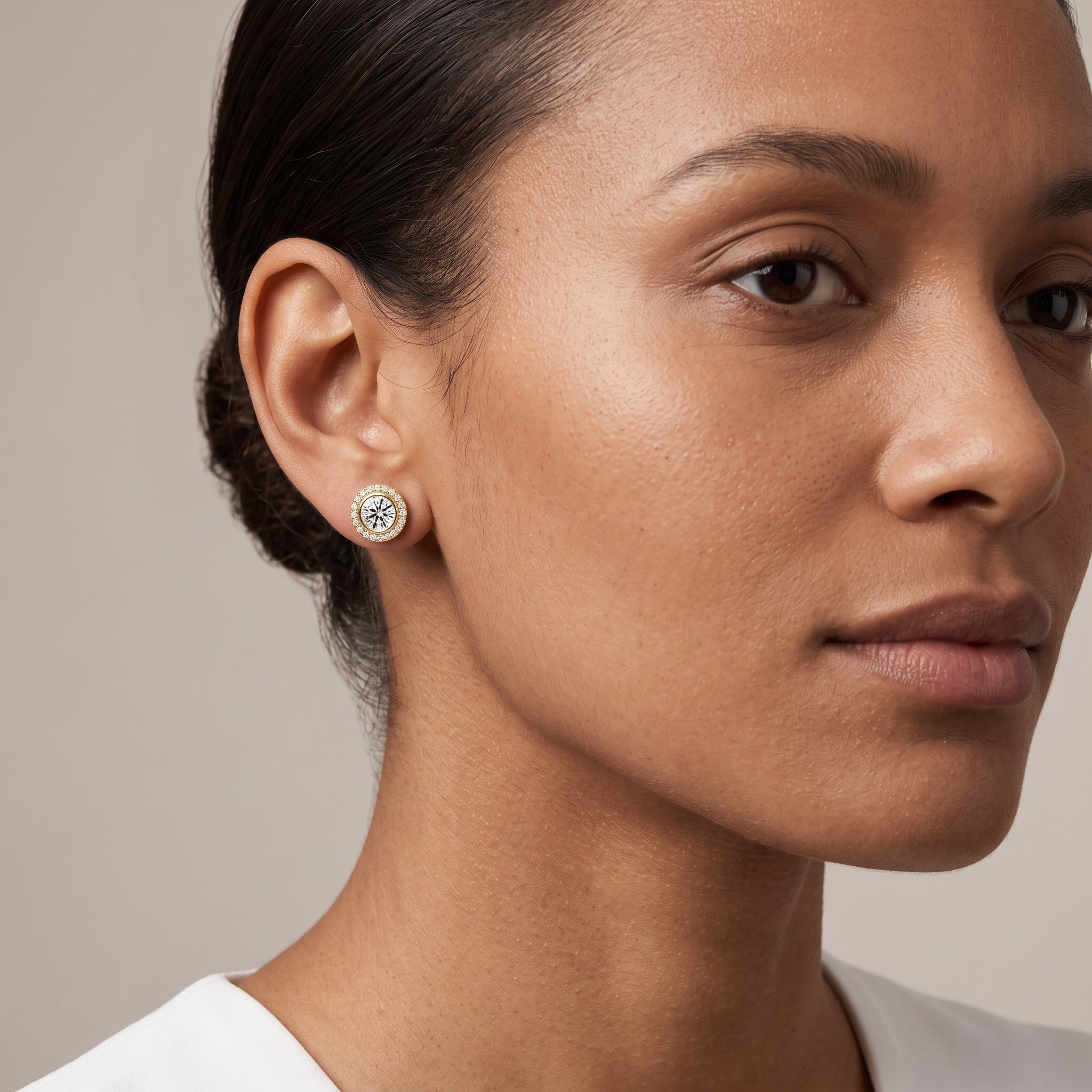 Yellow Gold Round Moissanite Halo Stud Earrings