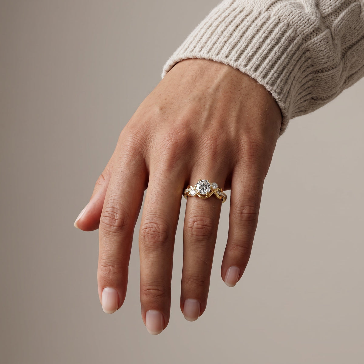 Yellow Gold Round Moissanite Twisted Three Stone Engagement Ring