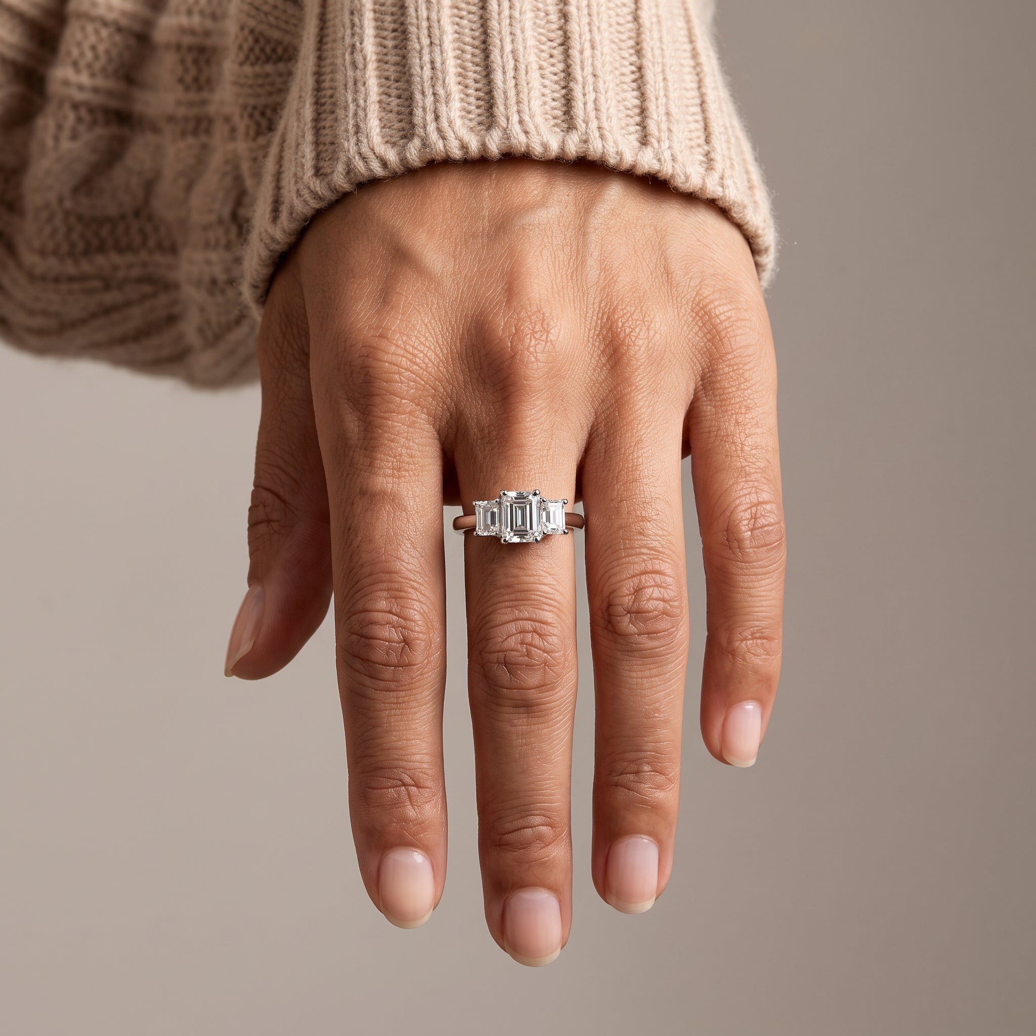White Emerald Cut Moissanite Three-Stone Engagement Ring