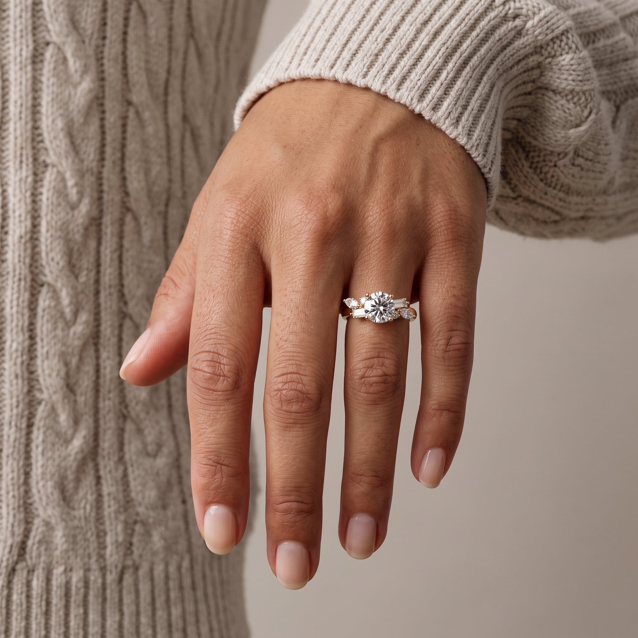 Yellow Gold Round Moissanite Engagement Ring with Mixed Side Stones