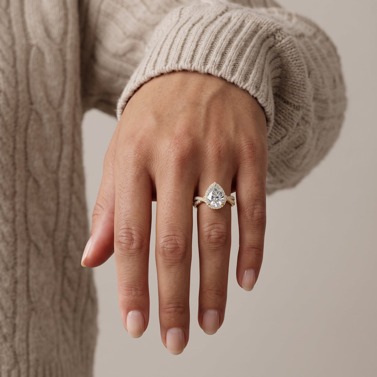 Yellow Gold Pear Cut Moissanite Halo Engagement Ring
