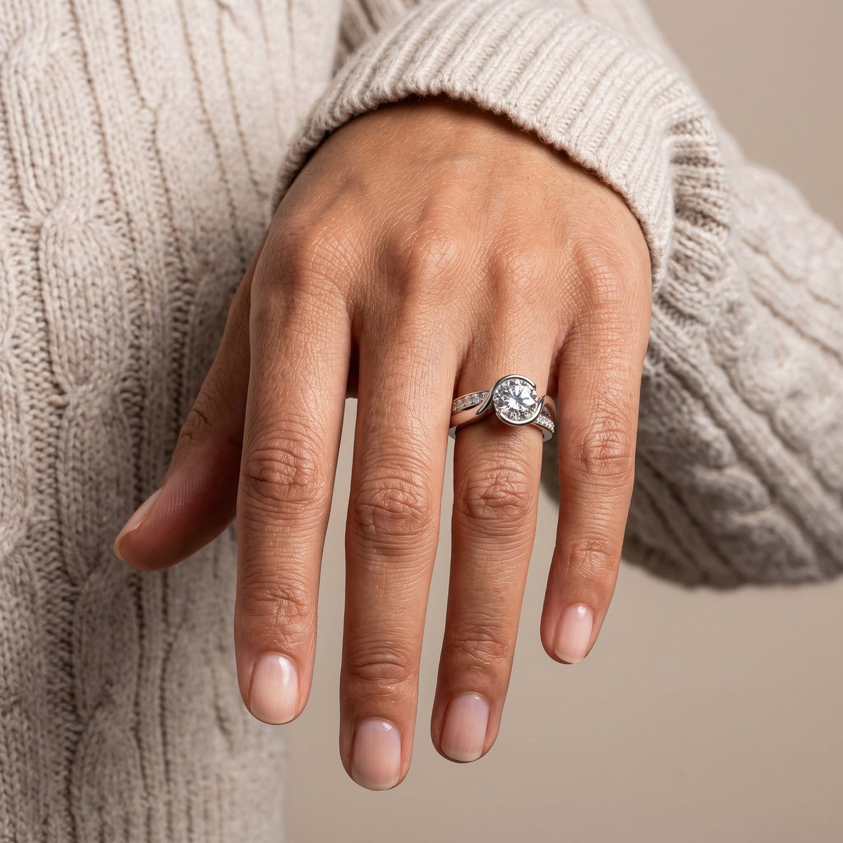 White Metal Round Moissanite Engagement Ring with Twisted Band