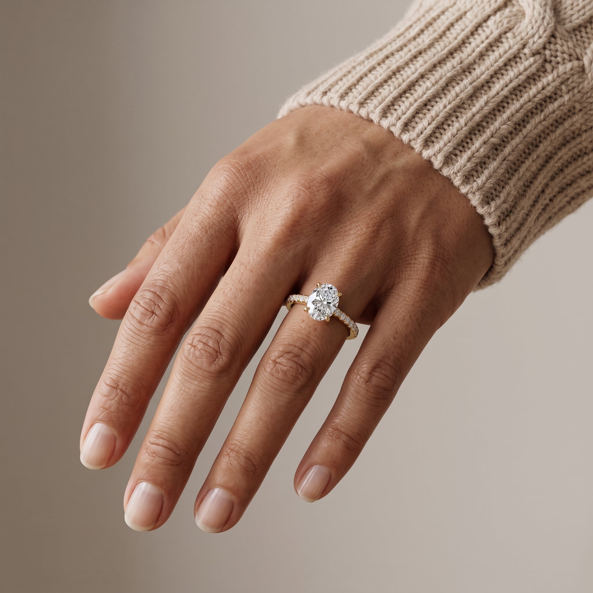 Yellow Gold Oval Cut Moissanite Engagement Ring with Pavé Band