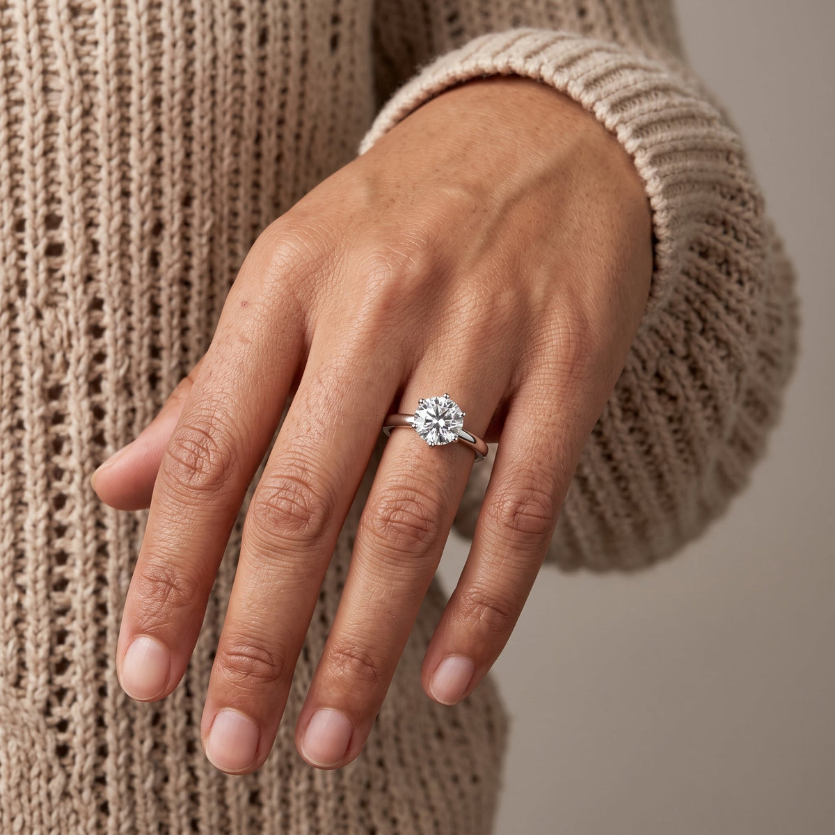 White Metal Round Brilliant Moissanite Solitaire Engagement Ring