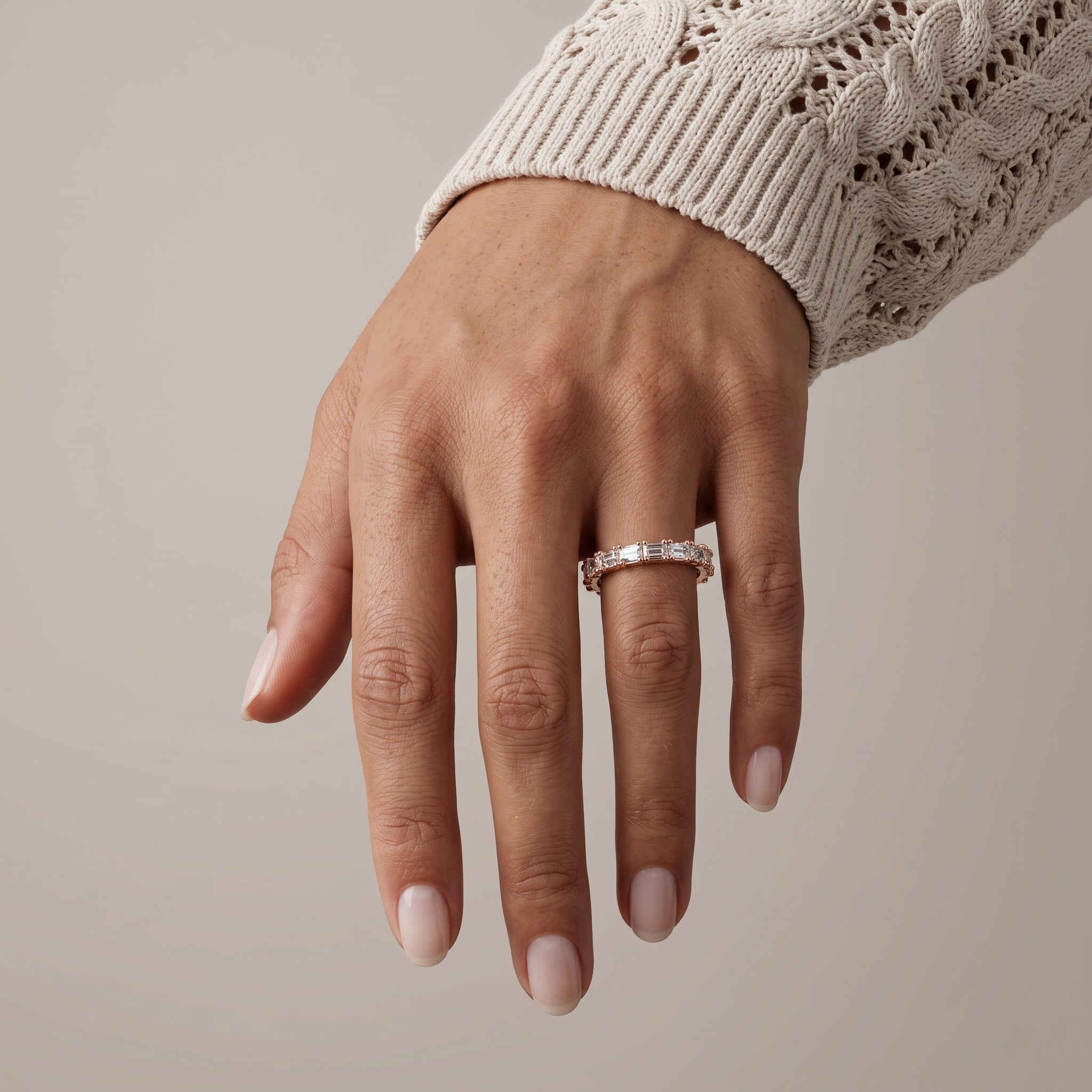 Rose Gold Emerald Cut Moissanite Eternity Band Ring