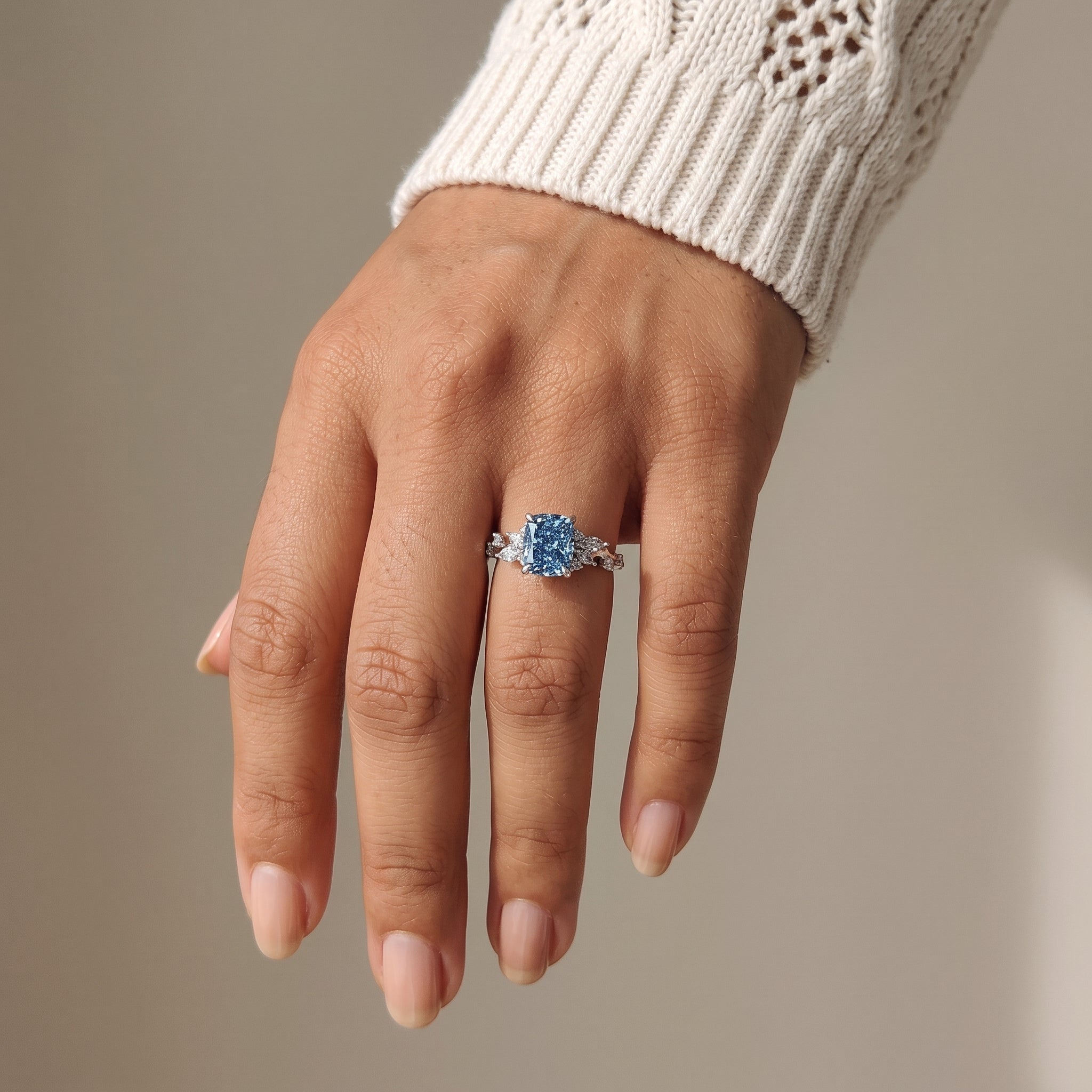 White Gold Cushion Cut Blue Moissanite Engagement Ring