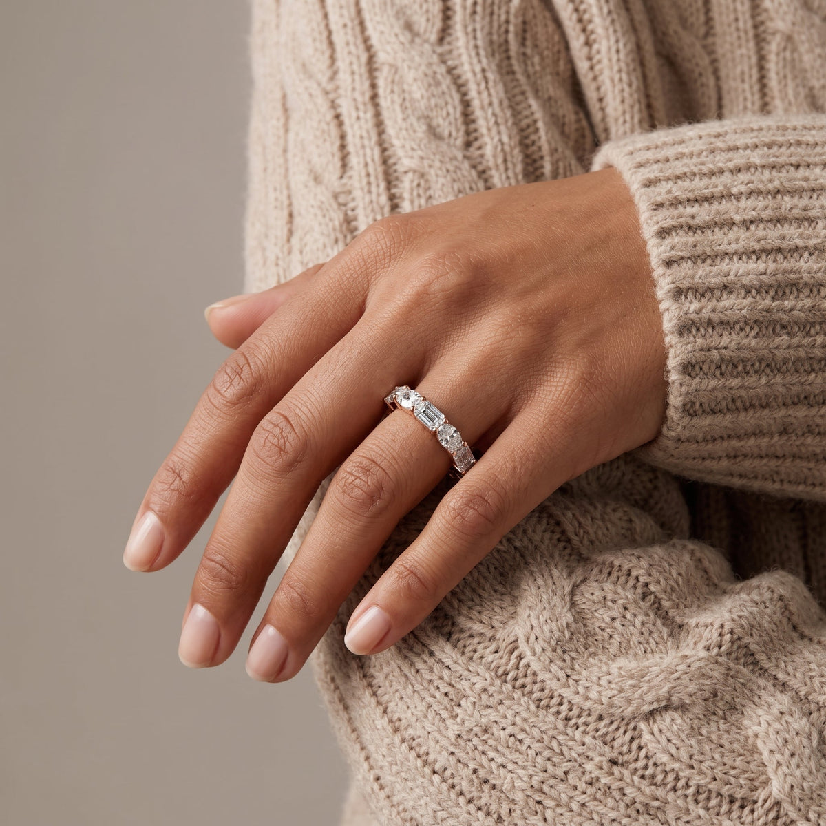 Rose Gold Alternating Oval & Emerald Cut Moissanite Eternity Band