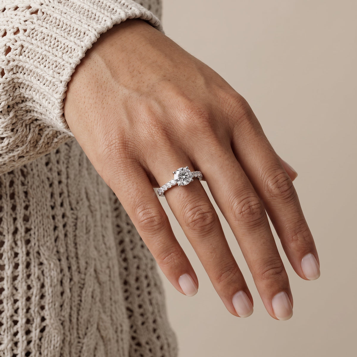 White Round Moissanite Engagement Ring with Accent Band