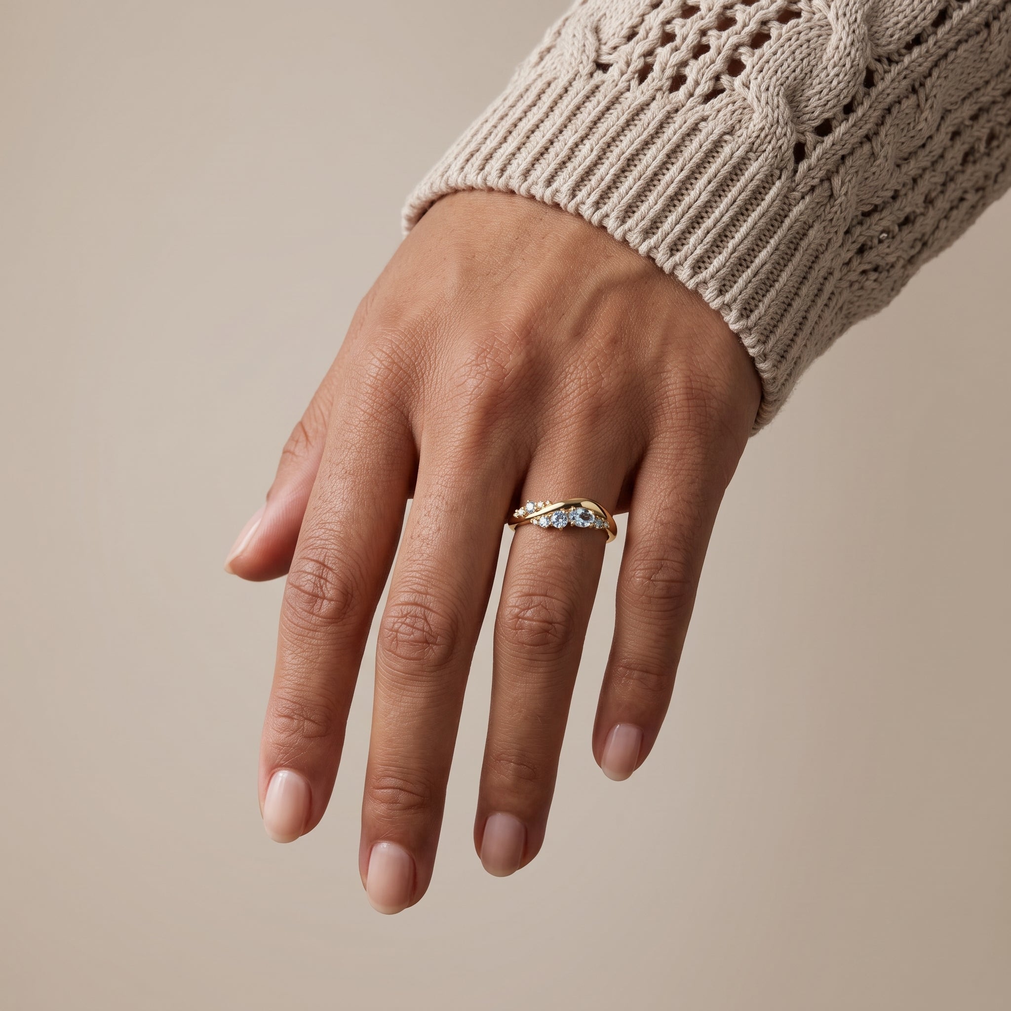 Yellow Gold Oval & Round Moissanite Curved Band Ring