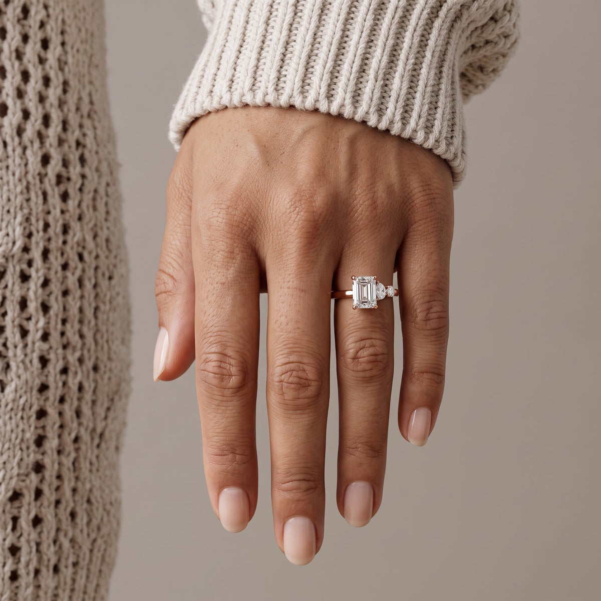 Rose Gold Emerald Cut Moissanite Three Stone Engagement Ring