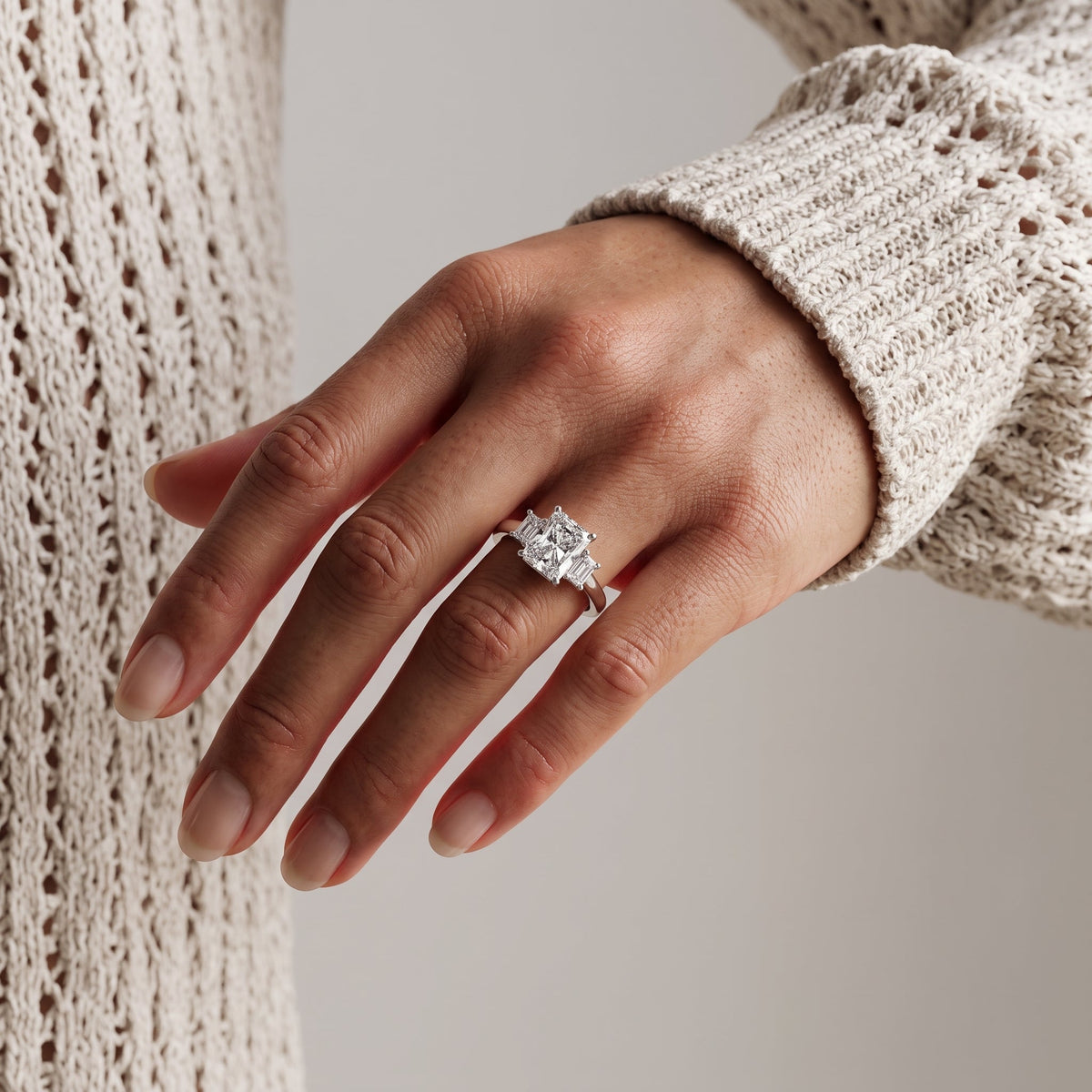 White Metal Radiant Cut Moissanite Three Stone Engagement Ring