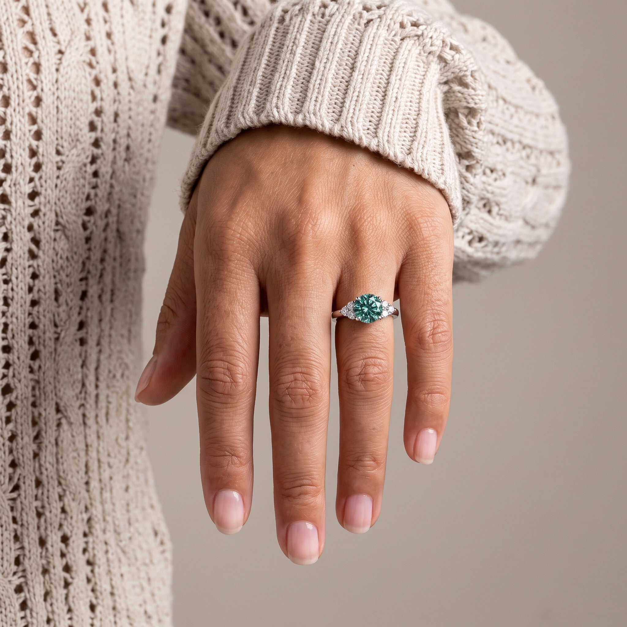 White Metal Round Moissanite Cluster Engagement Ring