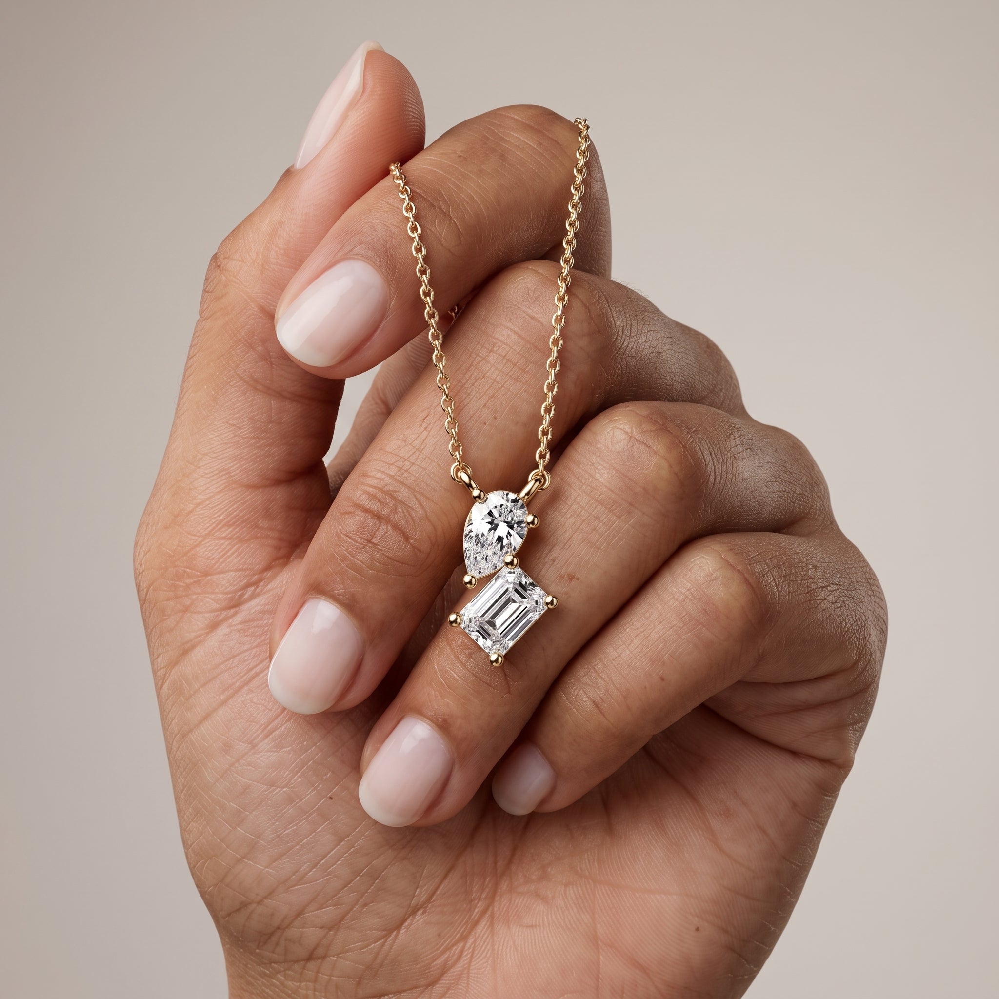 Yellow Gold Pear & Emerald Cut Moissanite Pendant Necklace