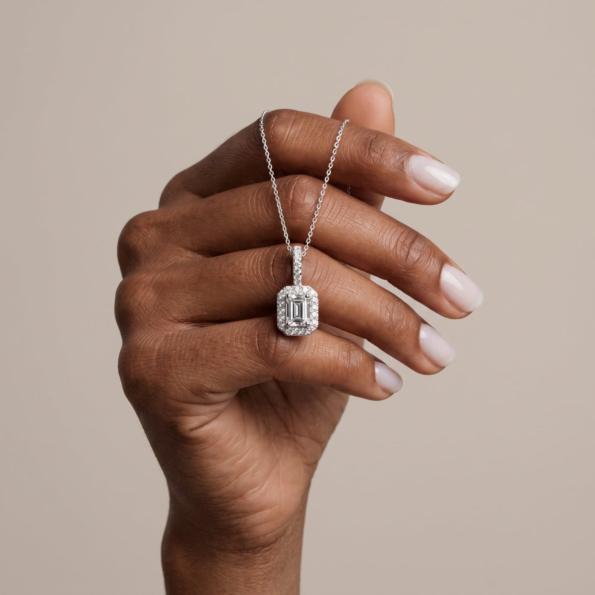 White Gold Emerald Cut Moissanite Halo Pendant Necklace
