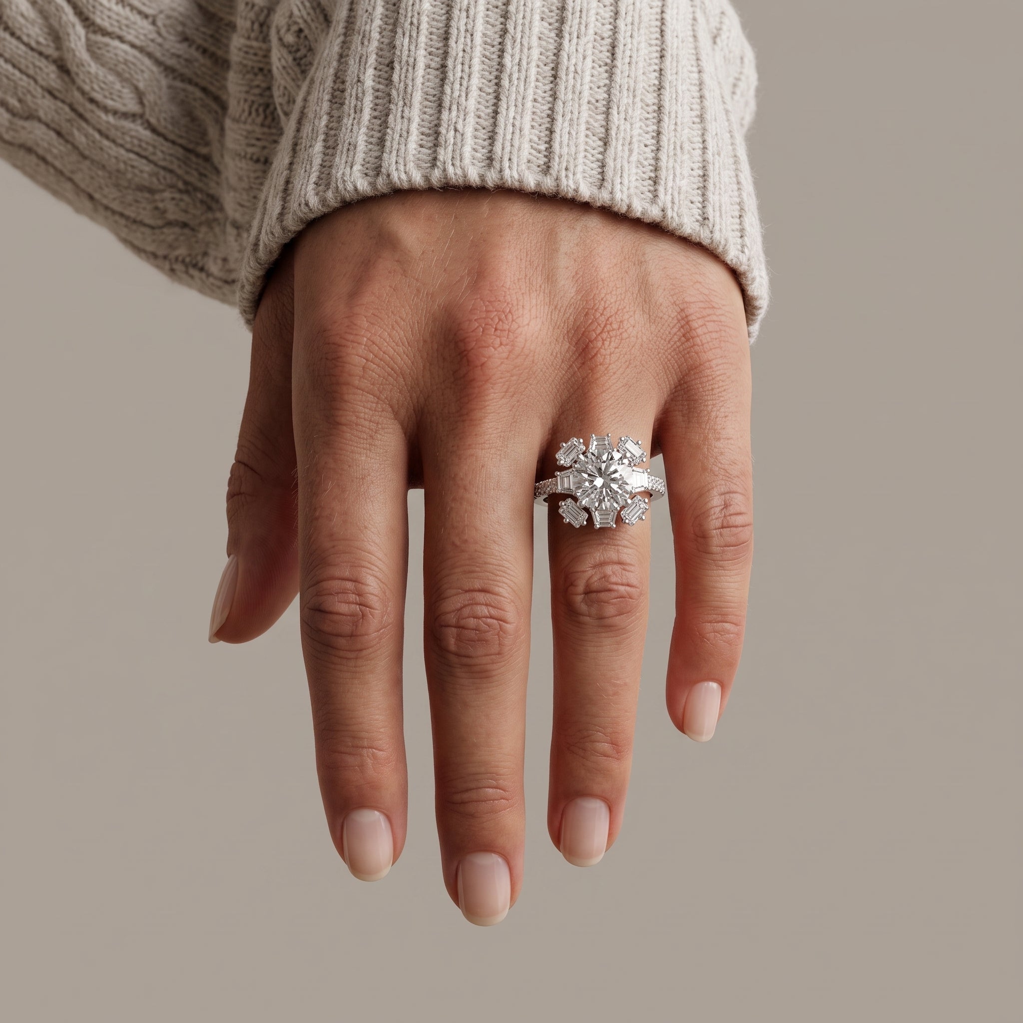 White Gold Cushion Moissanite Floral Halo Engagement Ring
