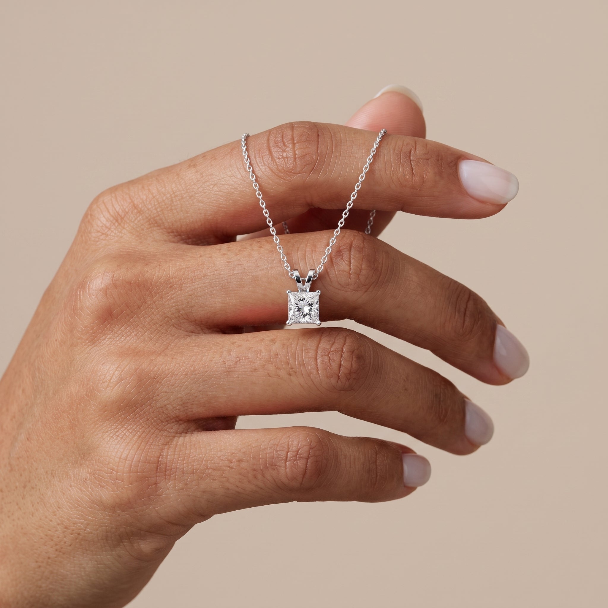 White Metal Princess Cut Moissanite Pendant Necklace
