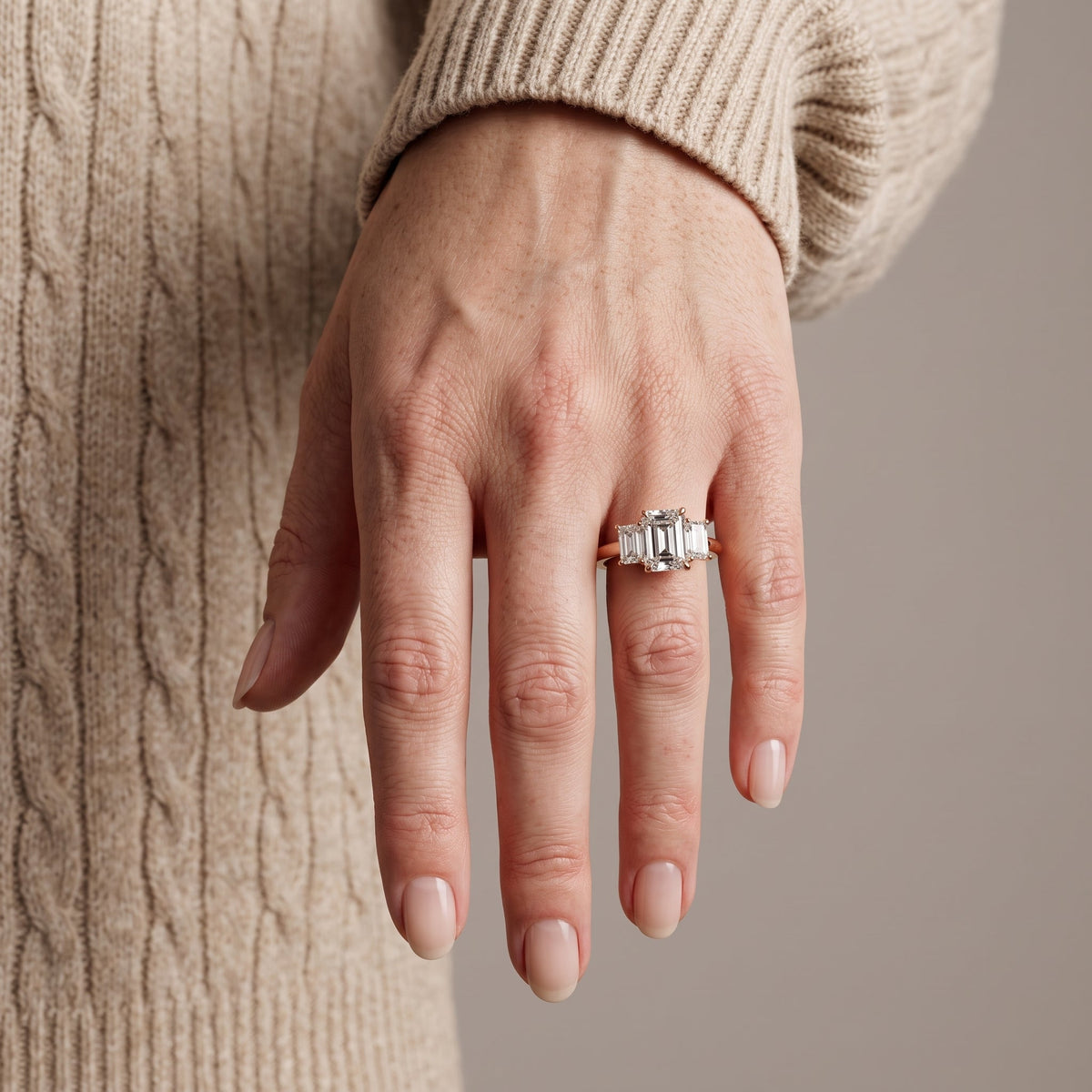 Rose Gold Emerald Cut Moissanite Three Stone Engagement Ring