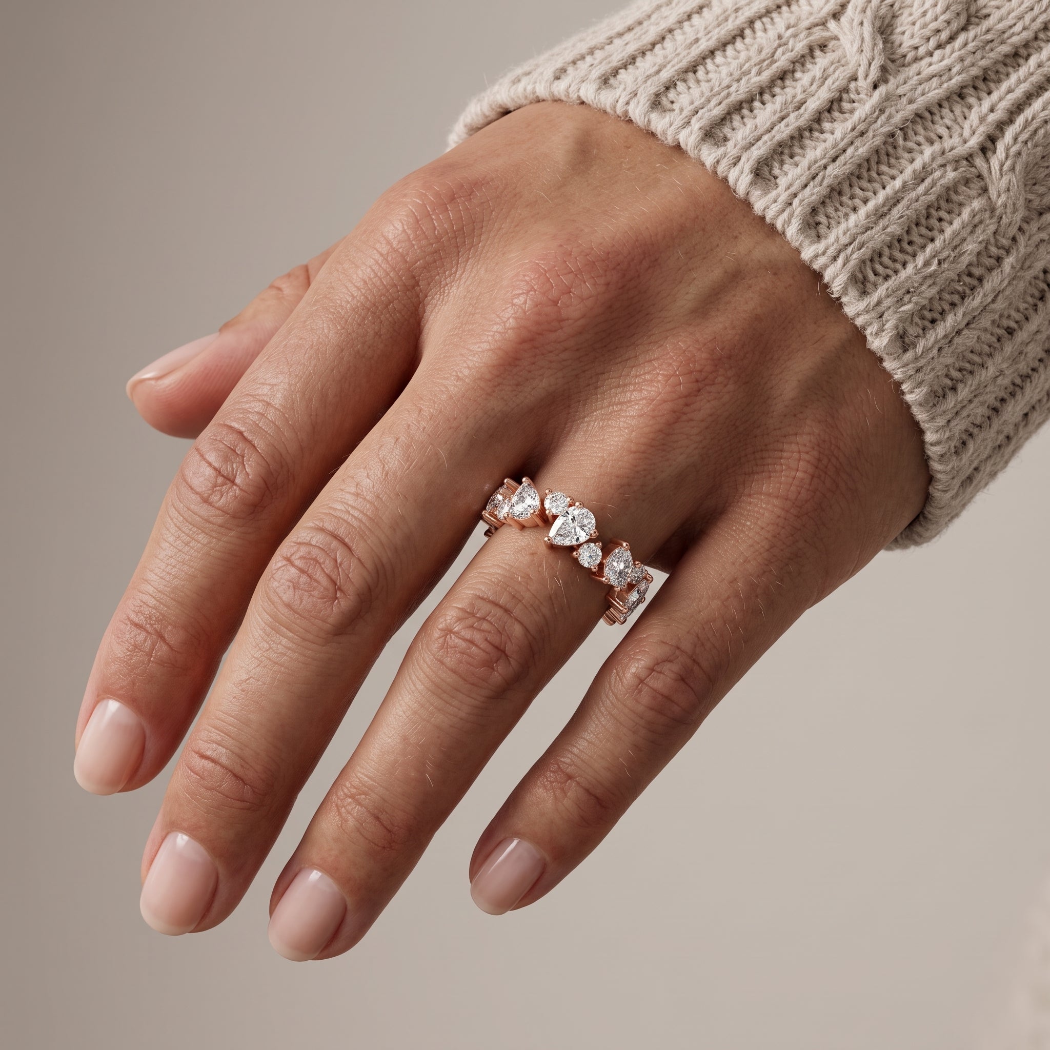 Rose Gold Pear & Round Moissanite Eternity Band Ring