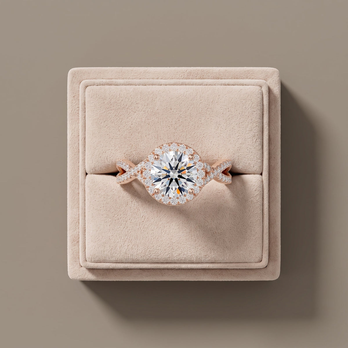 Rose Gold Round Moissanite Halo Engagement Ring with Twisted Band