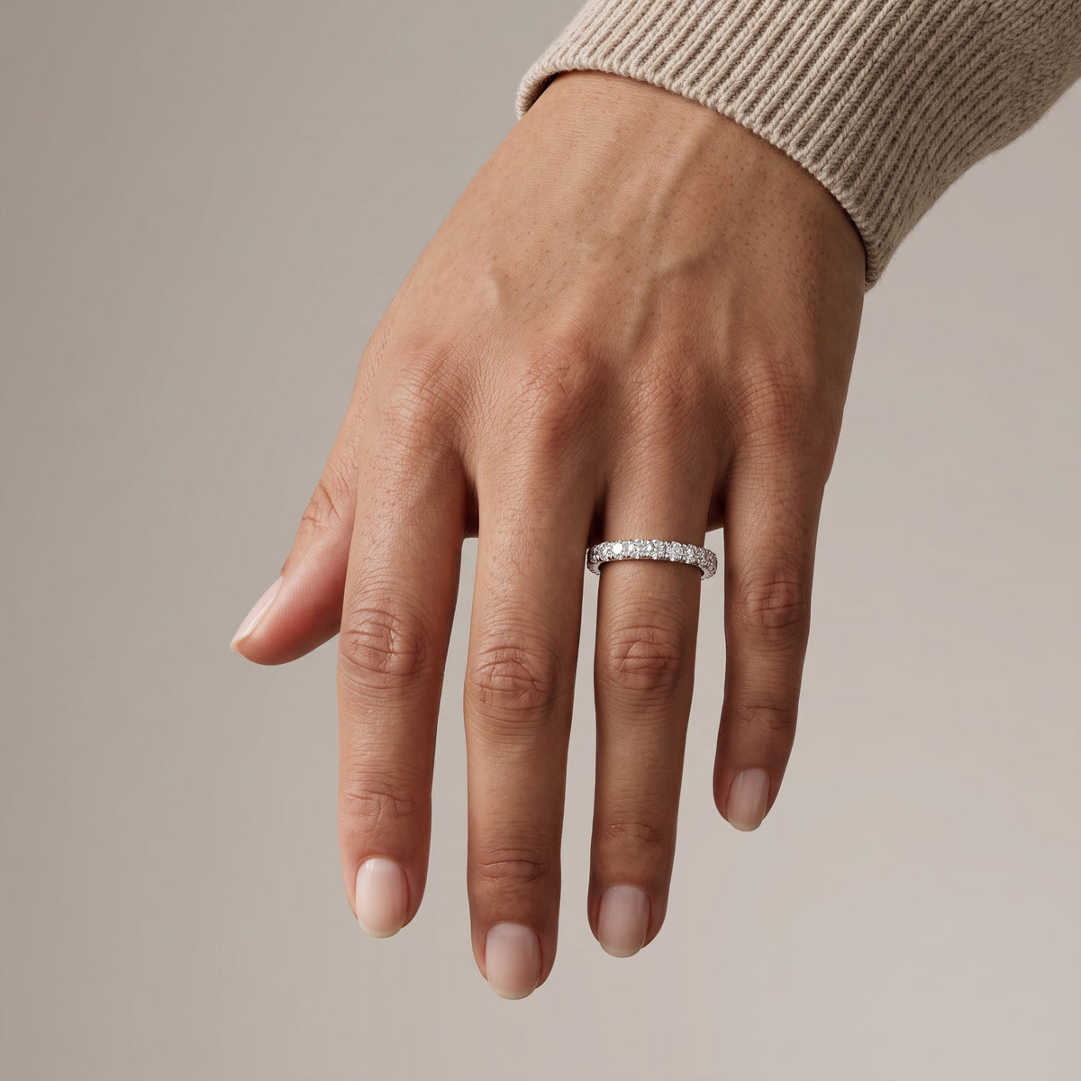 White Metal Round Moissanite Eternity Band Ring