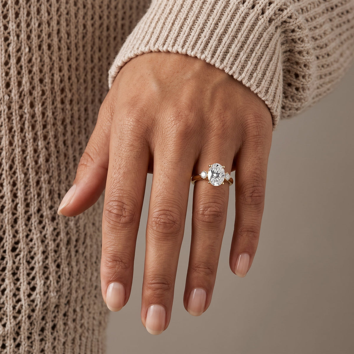 Yellow Gold Oval Moissanite Three Stone Engagement Ring