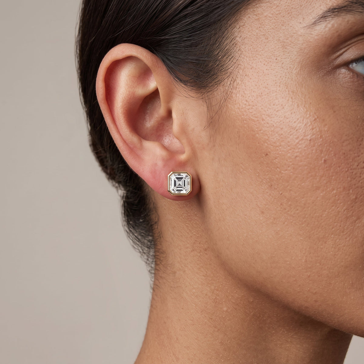 Yellow Gold Asscher Cut Moissanite Stud Earrings