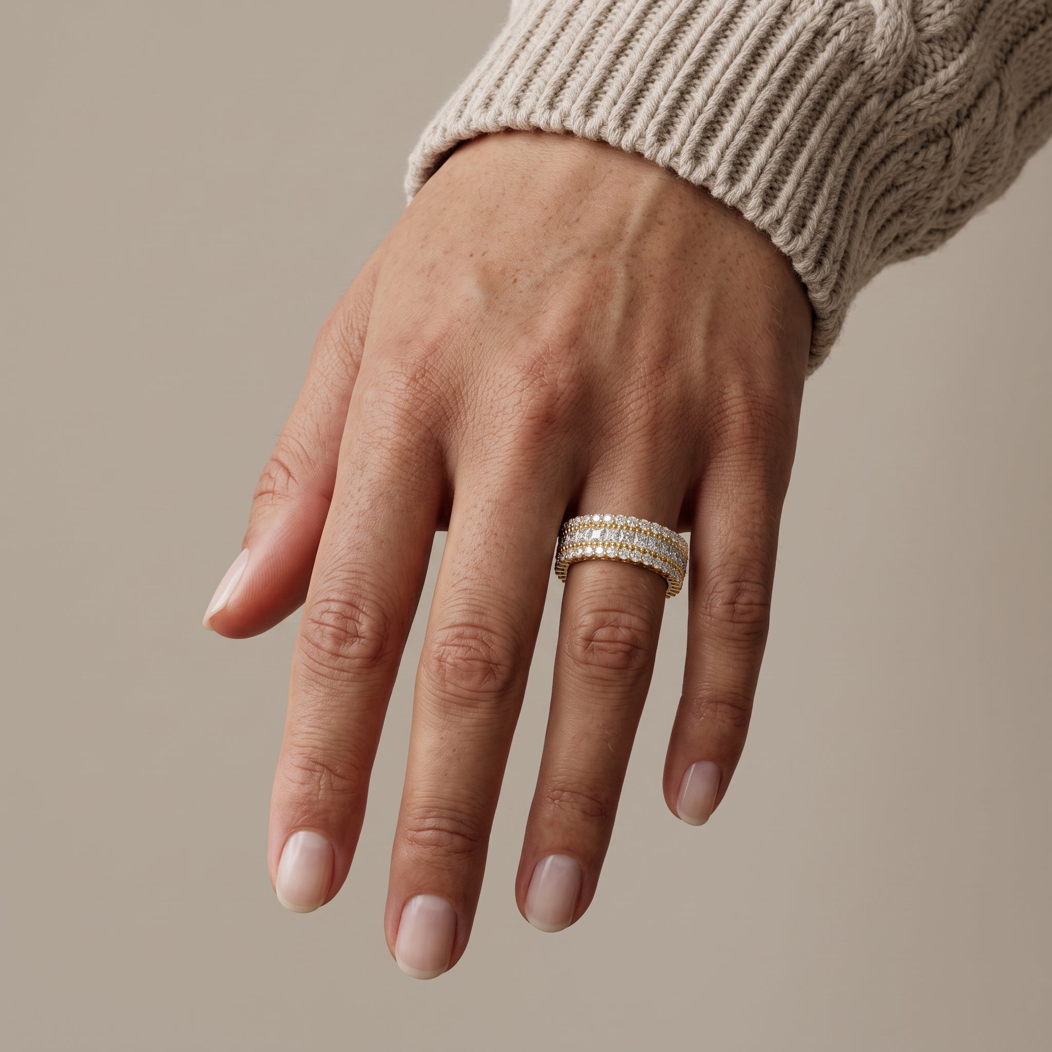 Yellow Gold Princess & Round Cut Moissanite Eternity Band