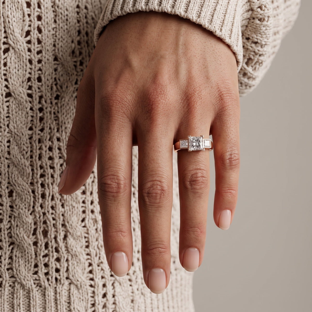 Rose Gold Princess Cut Moissanite Three-Stone Ring
