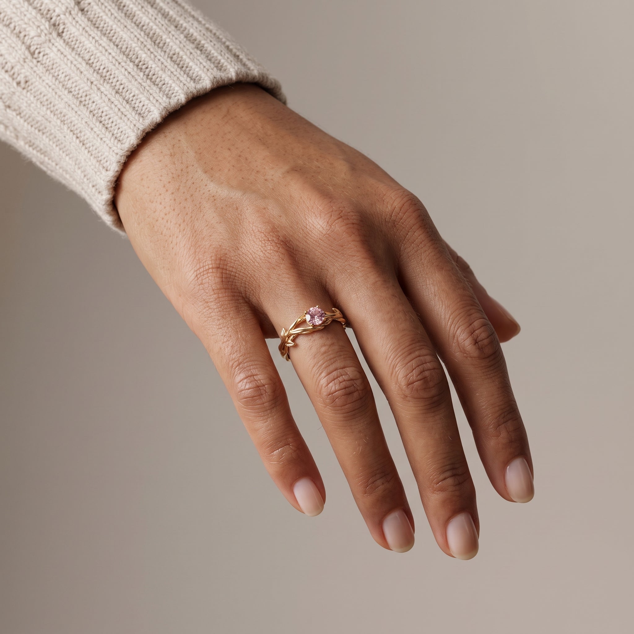 Yellow Gold Round Cut Moissanite Leaf Vine Ring