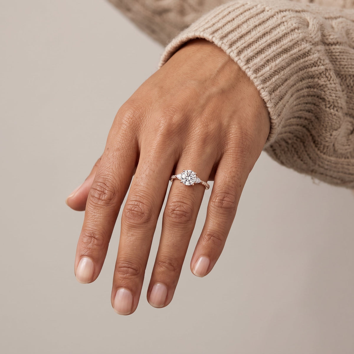 Rose Gold Round Moissanite Three Stone Engagement Ring