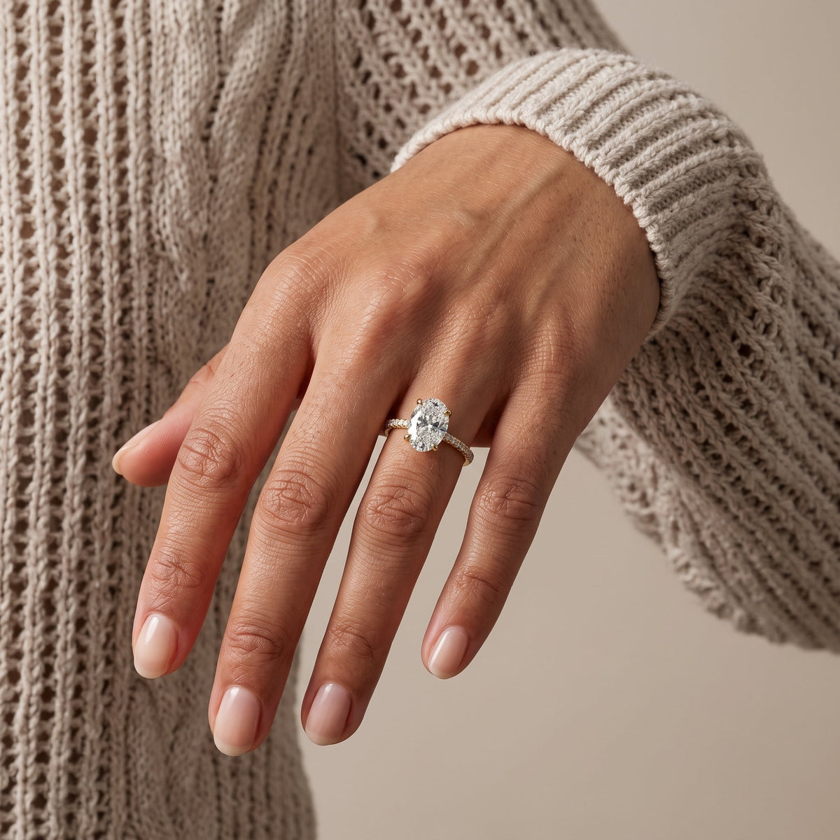 Yellow Gold Oval Moissanite Engagement Ring with Pavé Band