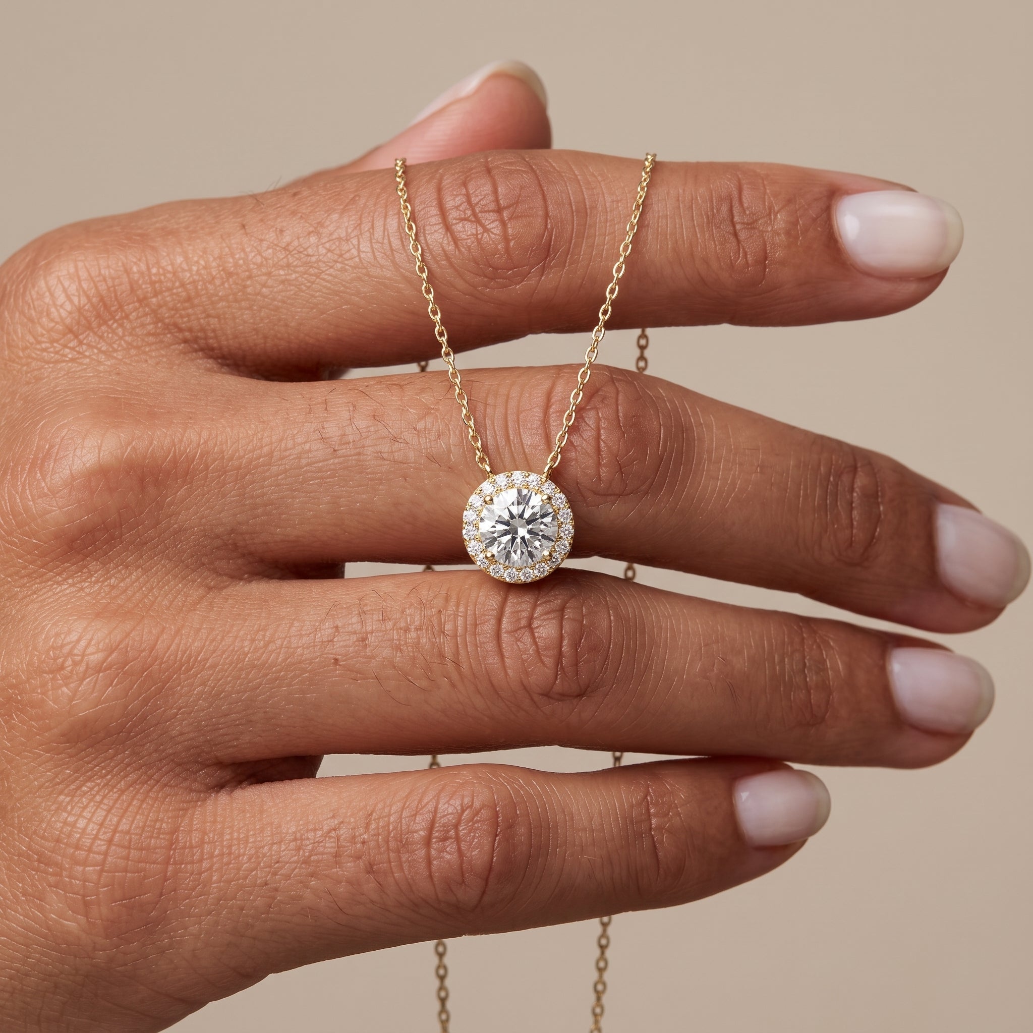 Yellow Gold Round Moissanite Halo Pendant Necklace