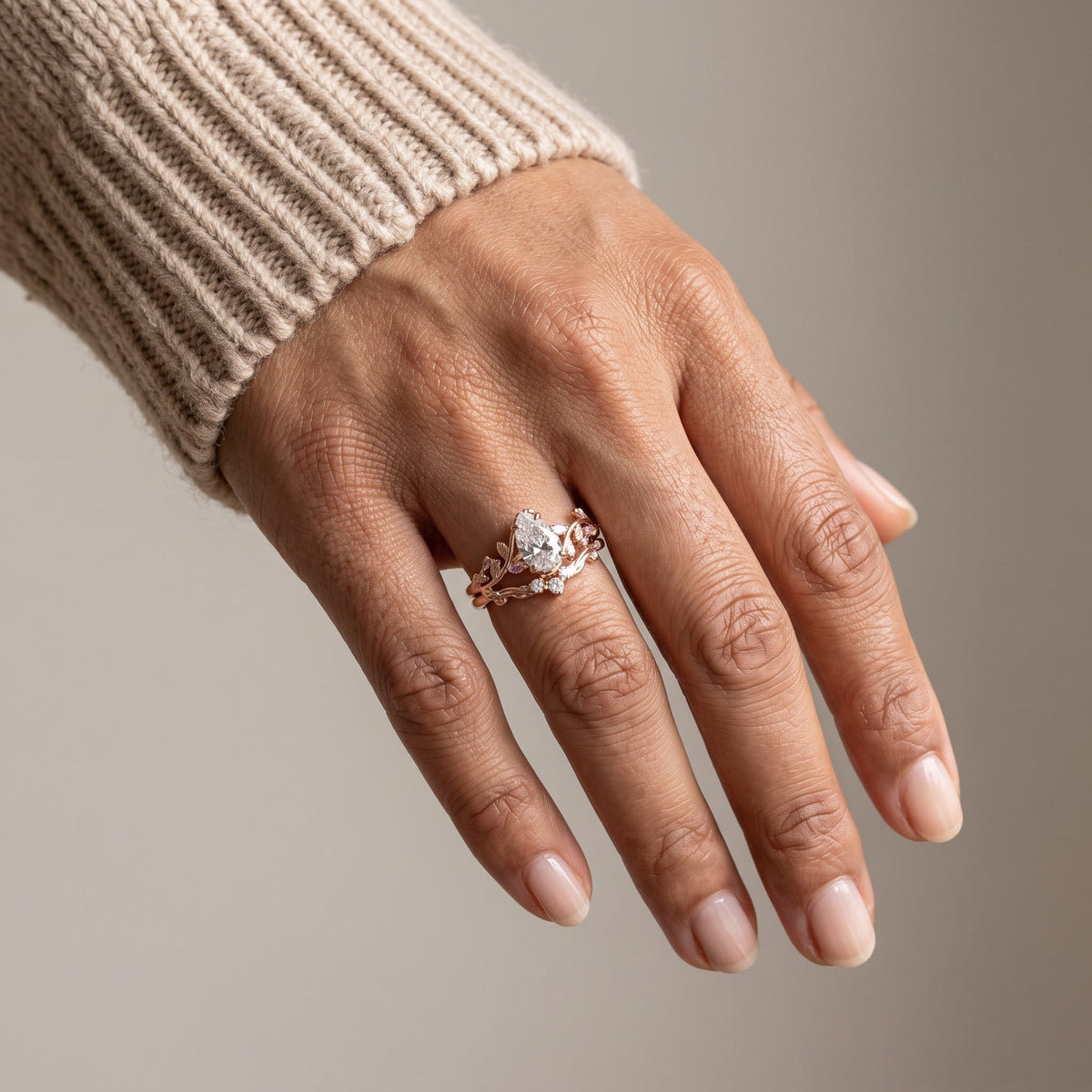 Rose Gold Pear Cut Moissanite Nature-Inspired Engagement Ring