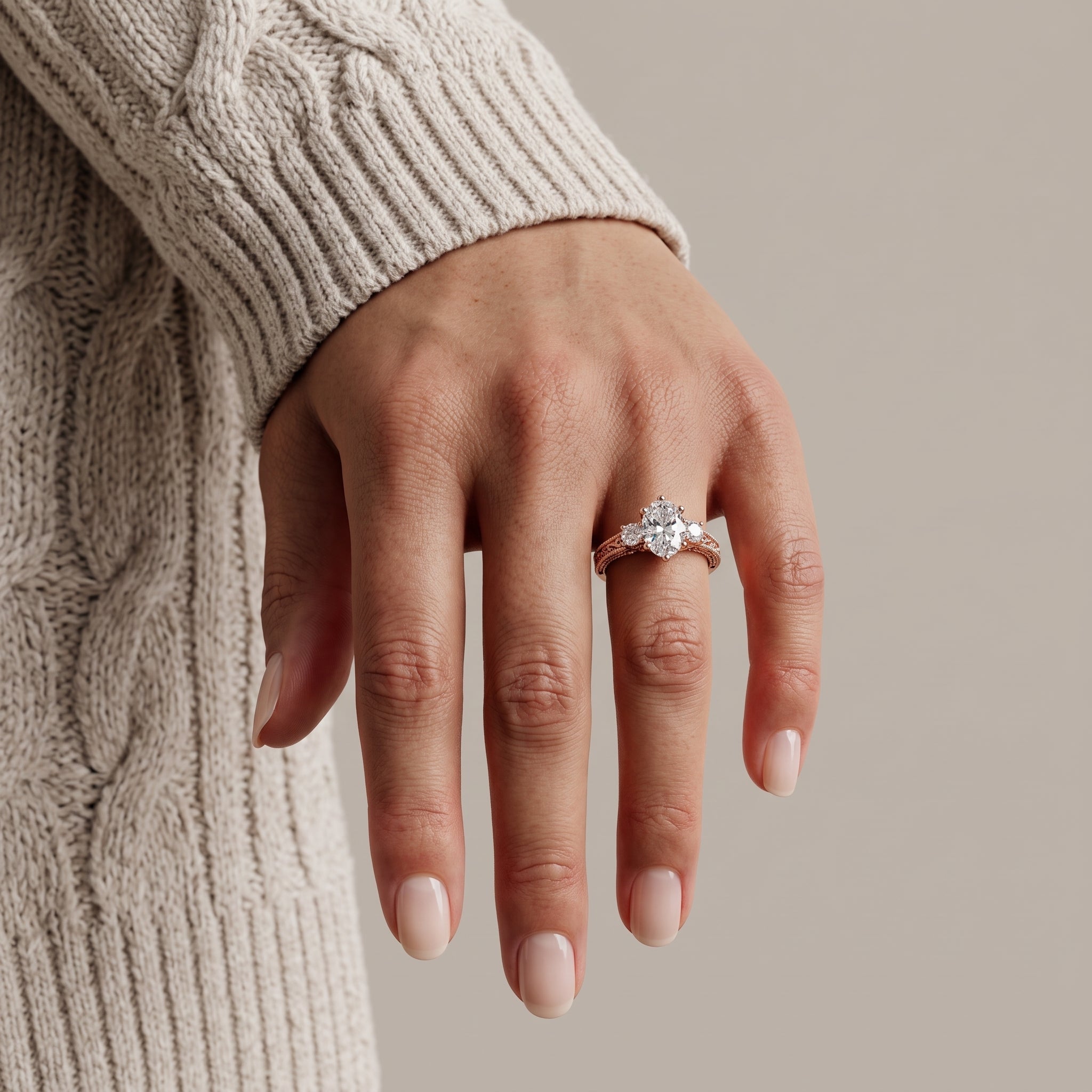 Rose Gold Oval Moissanite Engagement Ring with Side Stones