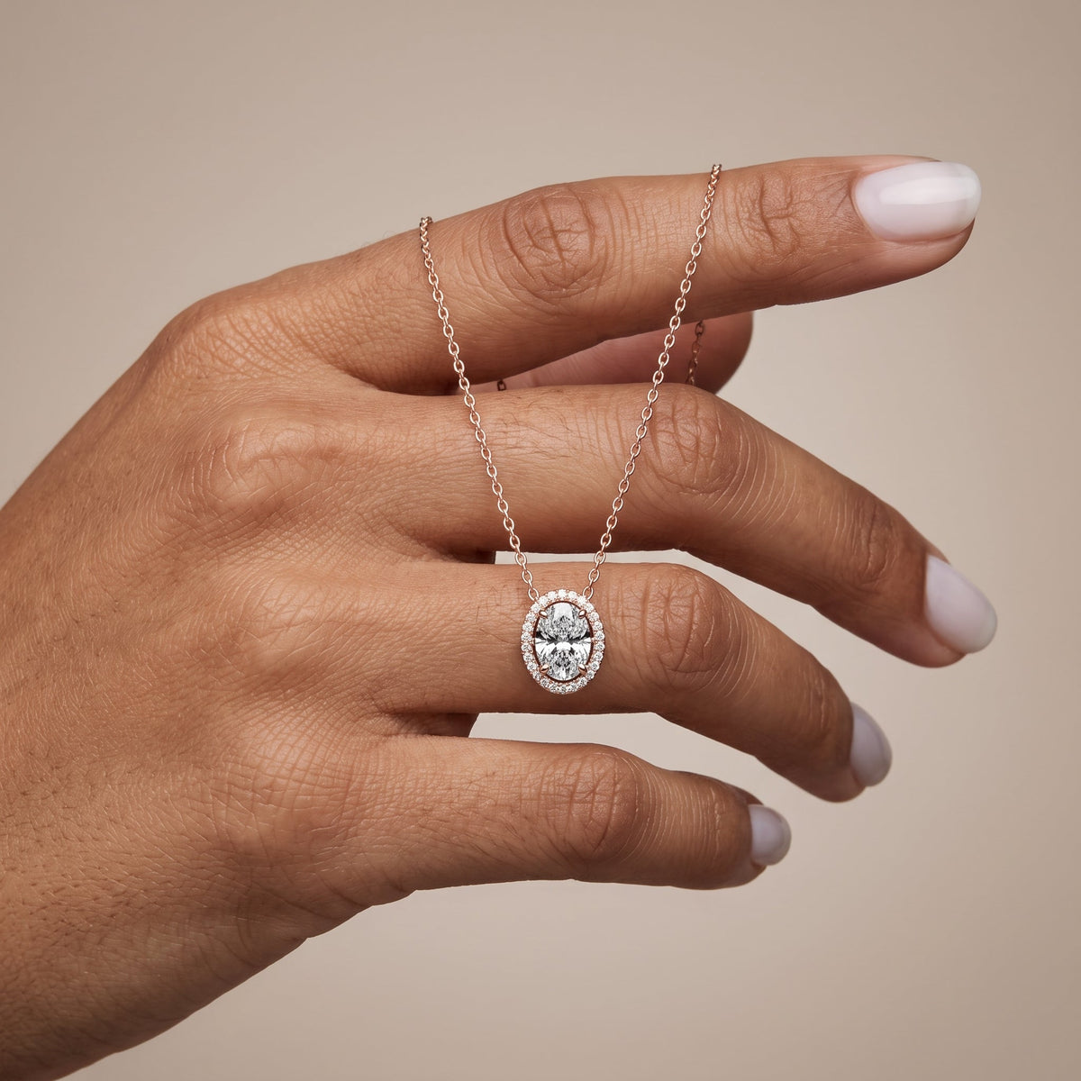 Rose Gold Oval Moissanite Halo Pendant Necklace