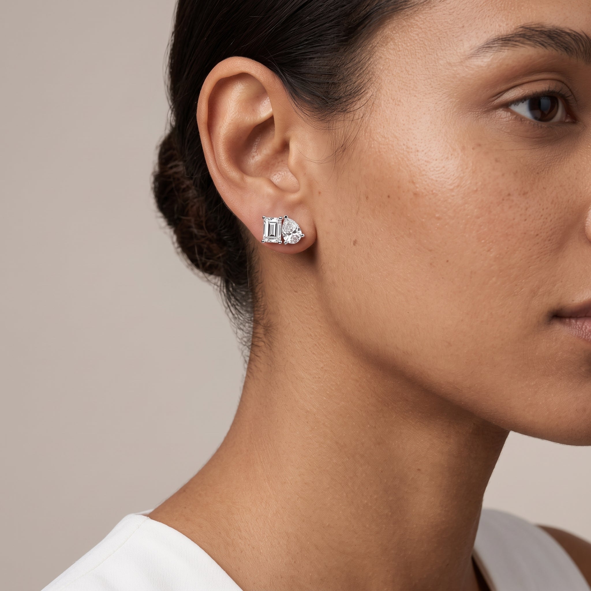 White Metal Emerald & Pear Cut Moissanite Stud Earrings