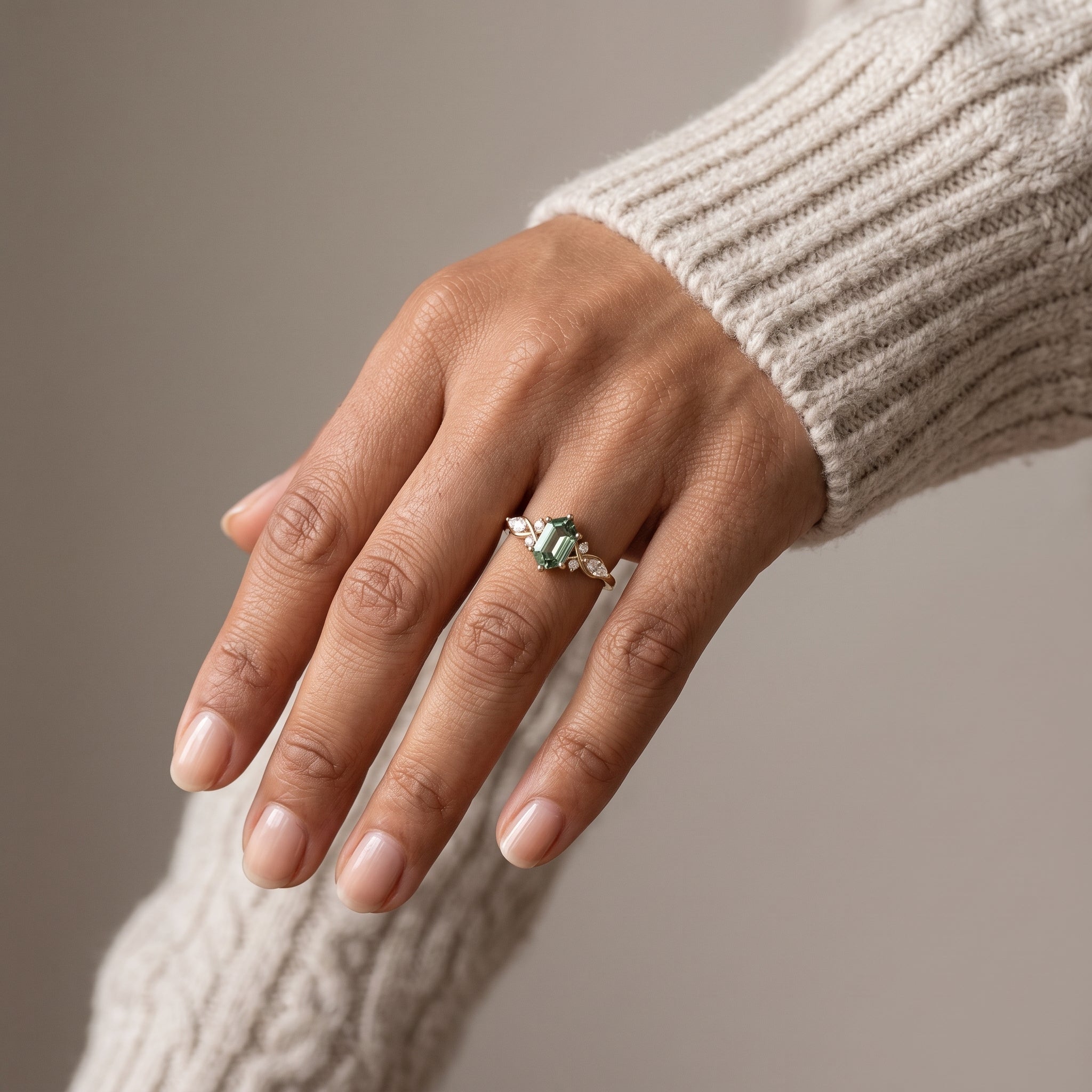 Yellow Gold Emerald Cut Moissanite Twisted Leaf Ring