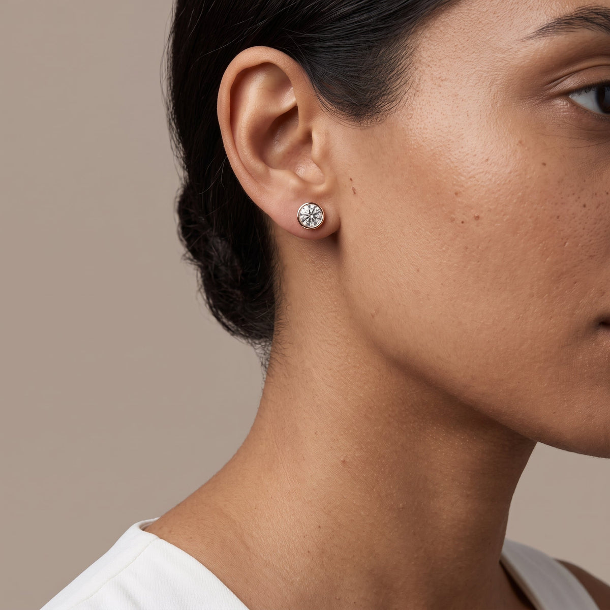 Rose Gold Round Moissanite Bezel Stud Earrings