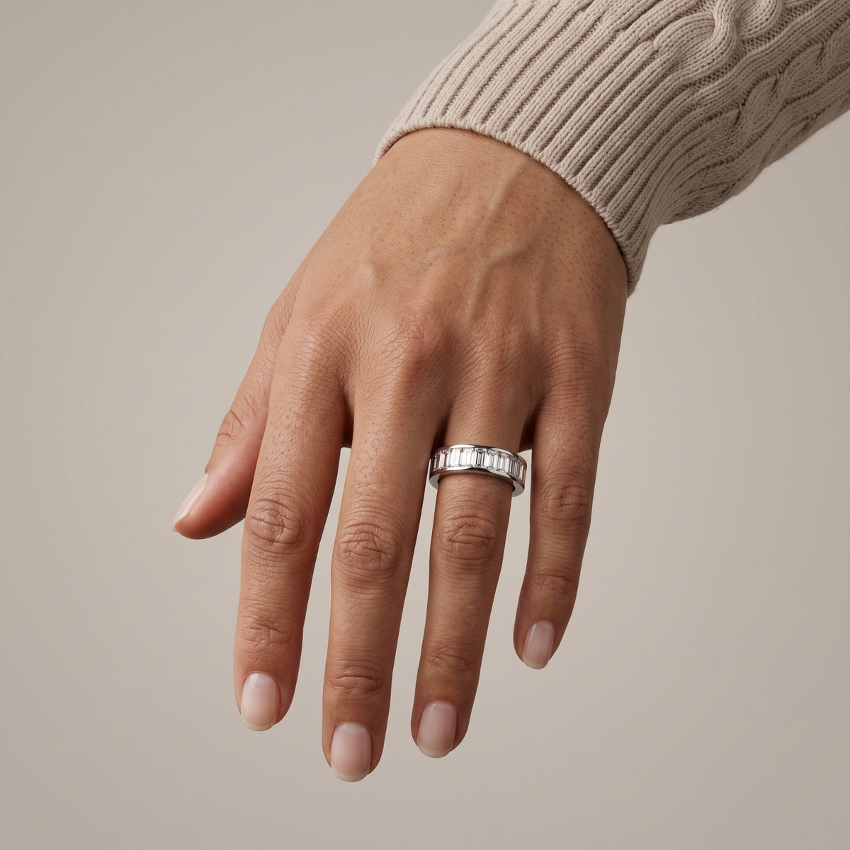 White Metal Baguette Cut Moissanite Eternity Band Ring