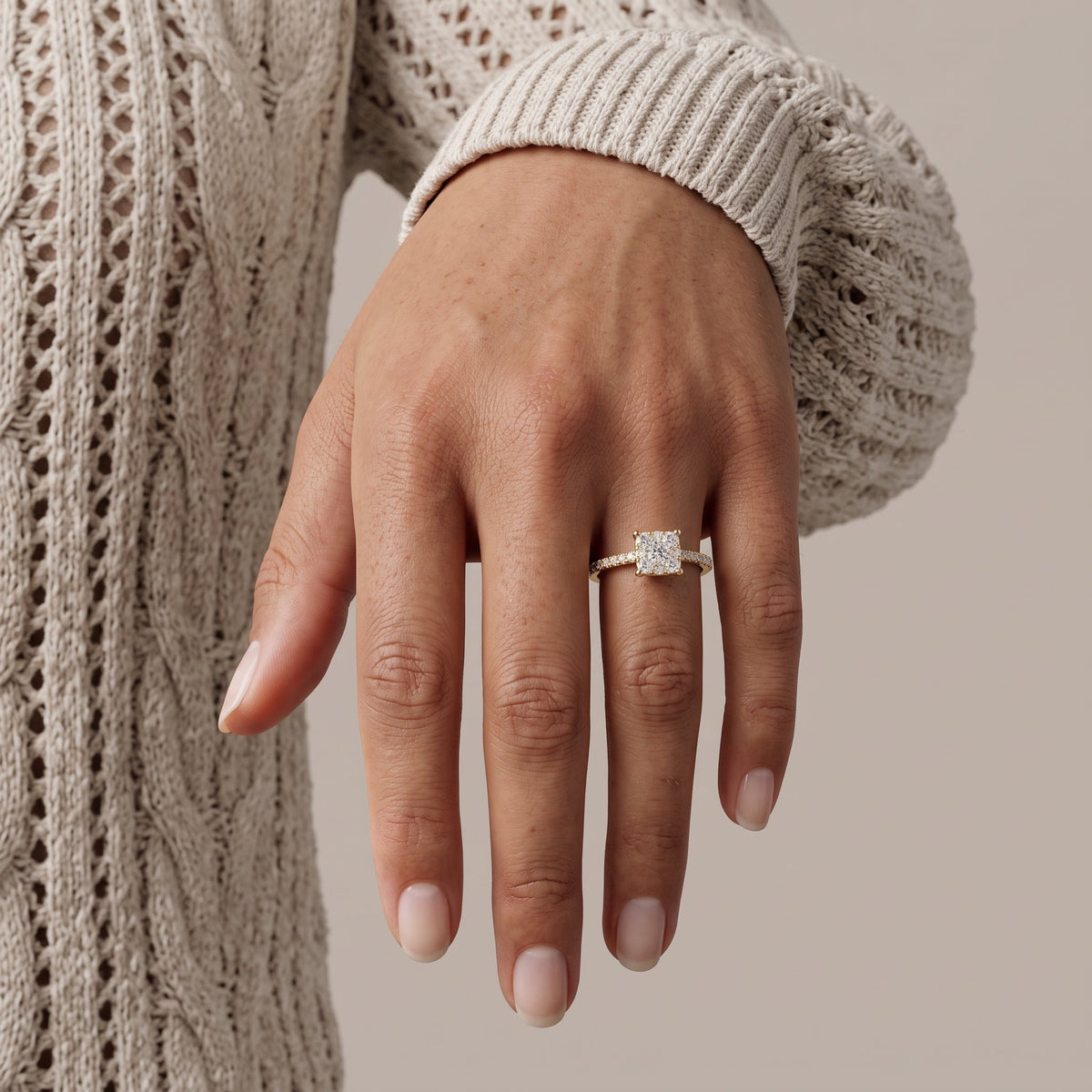 Yellow Gold Round Moissanite Cluster Engagement Ring
